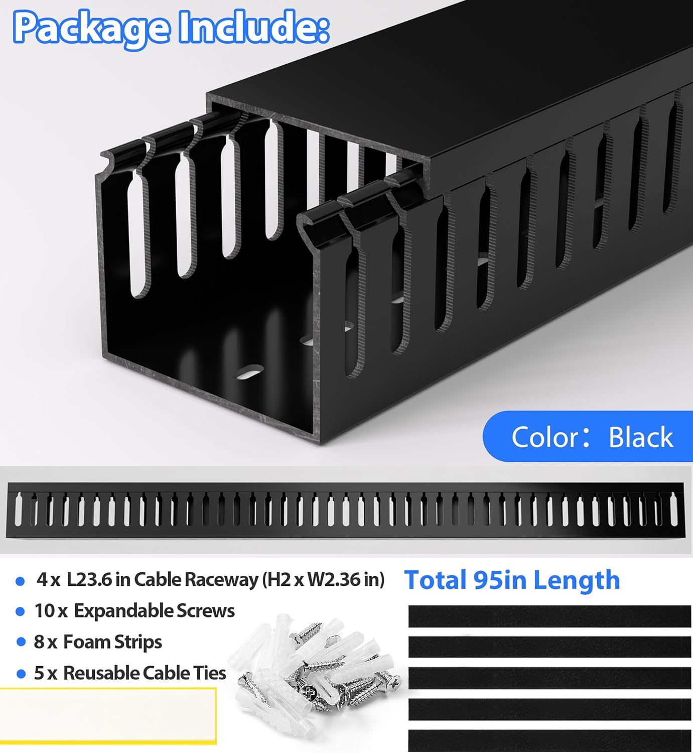 ZhiYo H2in W2.4in 95in (4X L23.6in) x Professional Server Rack Cable Management Raceway, Cable Raceway Kit