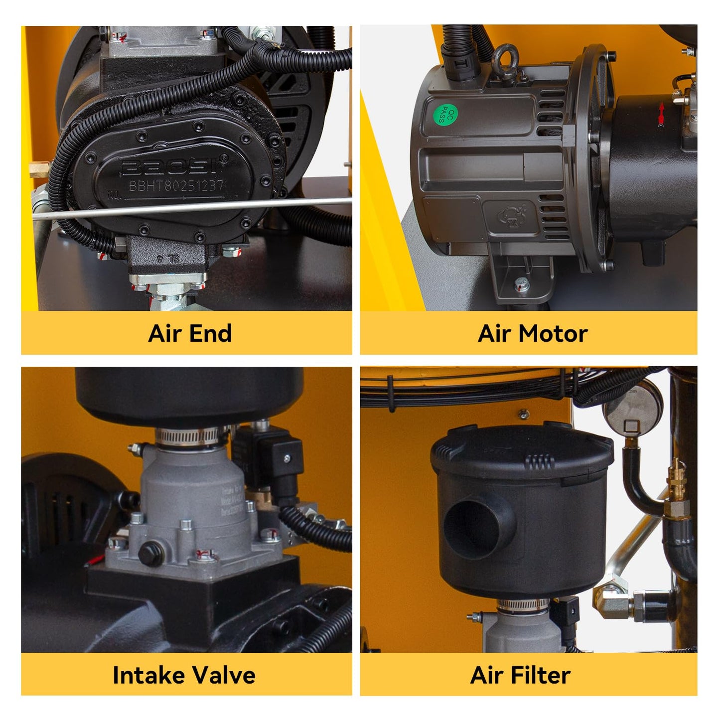 DAVV Rotary Screw Air Compressor, Variable Frequency Motor, 208-230V, 20HP/15KW Single/Three-phase Compatible, 81CFM/115PSI, Base Mounted Industrial Air Compressor System