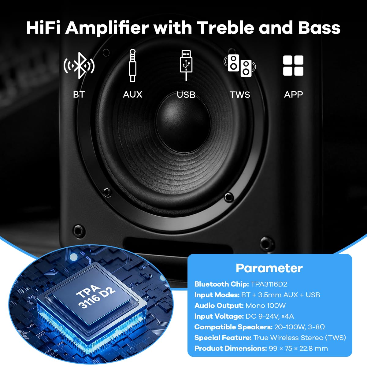 ZK-1001U 100W 9-24V Hosyond Mono Bluetooth Amplifier Board, Power Amp with TWS Pairing, Wide Voltage Input