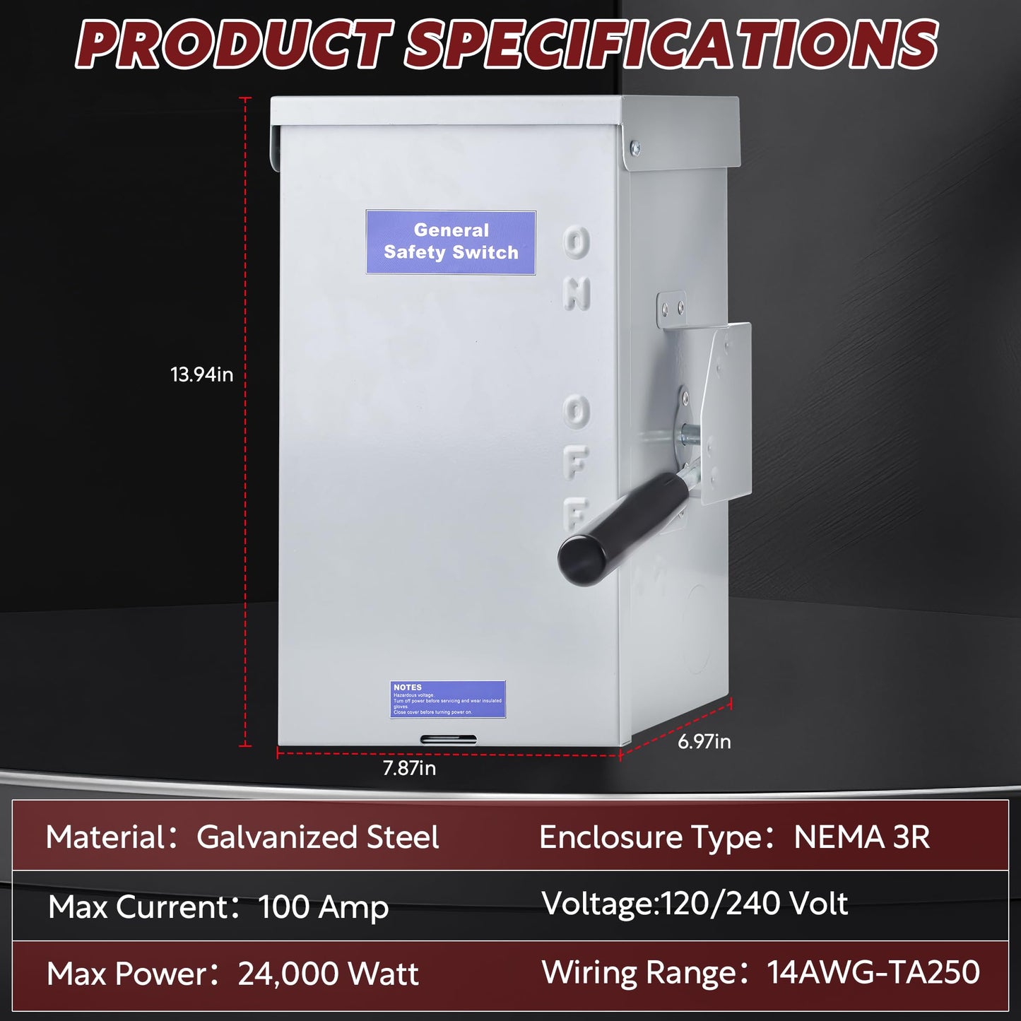 100 Amp Disconnect Switch Box, 120/240V 2 Pole Heavy Duty Safety Switch with Ground, Multi-Safety Protection Design, Non-Fusible, Galvanized Steel Enclosure, NEMA 3R Standards for Indoor and Outdoor
