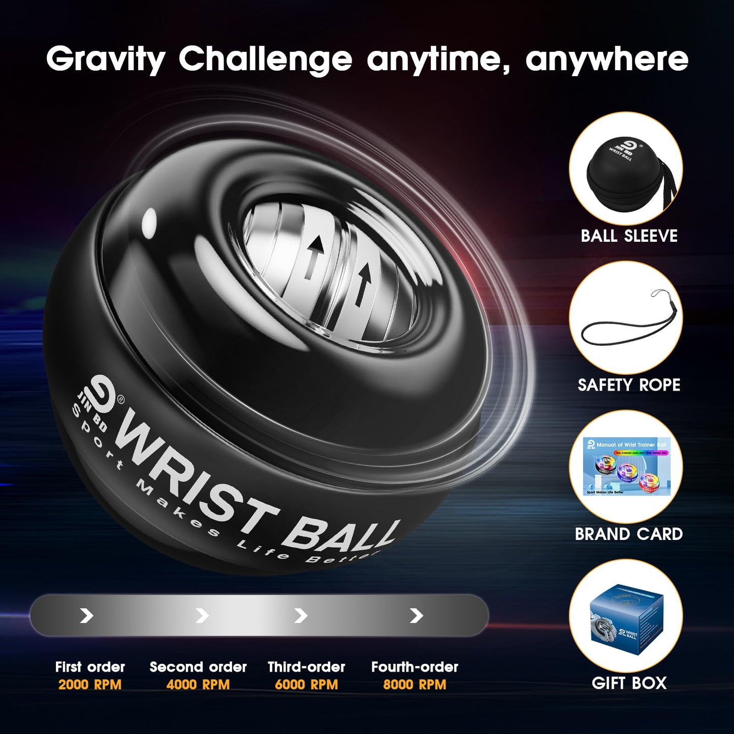 JIN BD Auto-Start Gyro Ball Wrist Trainer, Gyroscopic Forearm Exerciser for Strengthening Arms, Fingers, and Muscles (Pure Black No Light)