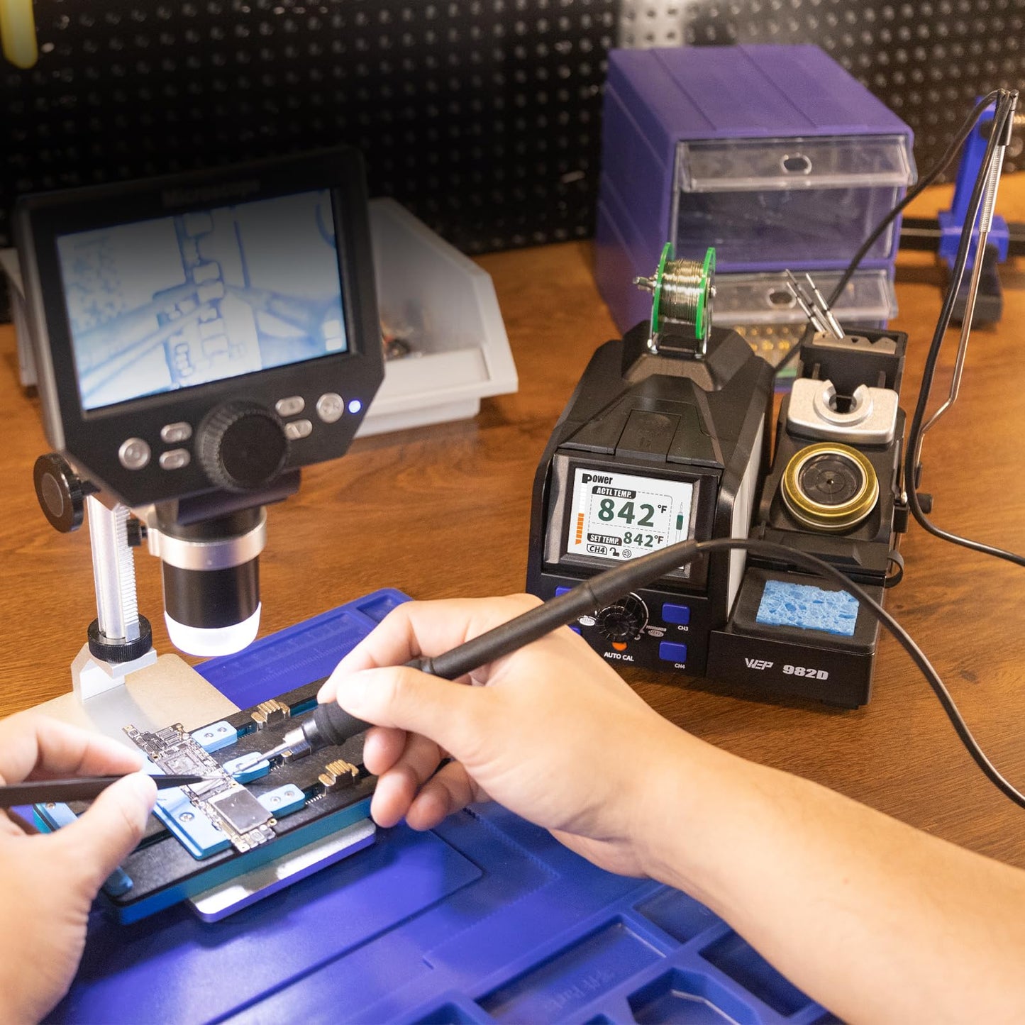 WEP 982D Precision Soldering Station with Automatic Calibration, Tiltable Screen, C245 C210 Compatible Soldering Iron Kit with 2 Spools Lead Free Solder Wire, 6 Soldering Cartridges