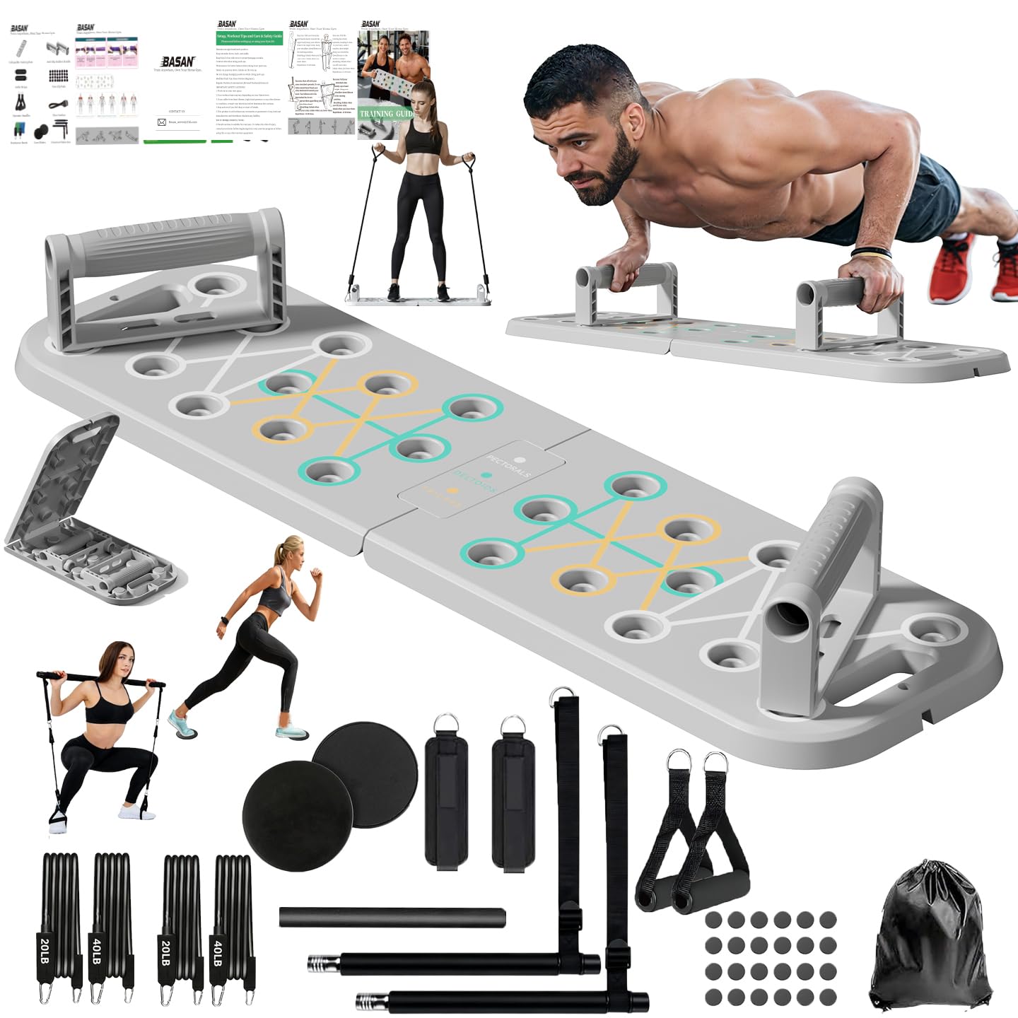 Basan Push Up Board with Resistance Bands – Foldable Portable Home Gym Equipment for Full Body Workout, Strength Training for Men & Women