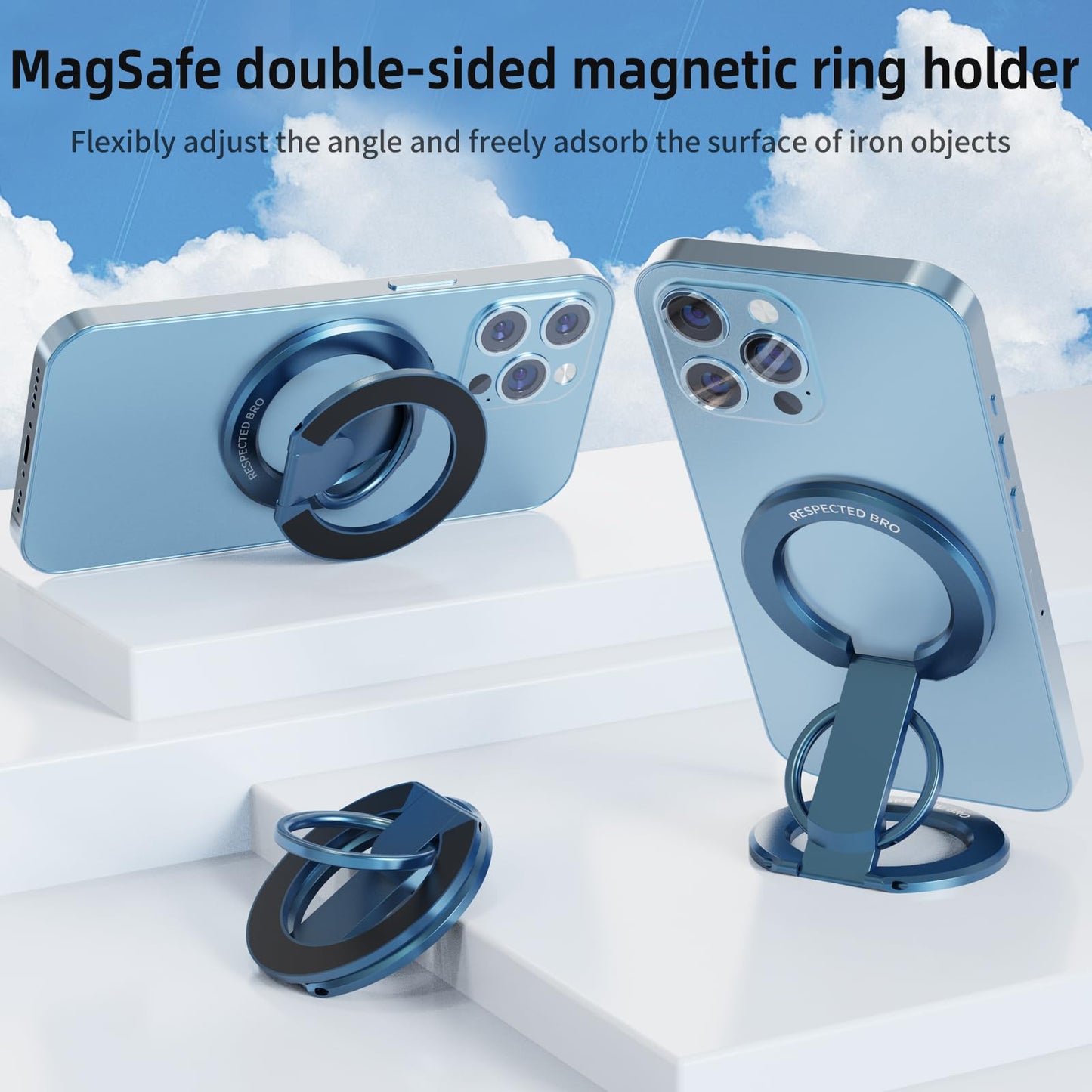 RESPECTED-BRO-Magnetic-Phone-Ring-Holder with Dual Rings, Compatible with iPhone 17/16/15/14/13/12, Multifunctional Stand for Desk,Office,Gym,Kitchen & All Metal Surfaces, Finger Loop Grip (Dark Blue)