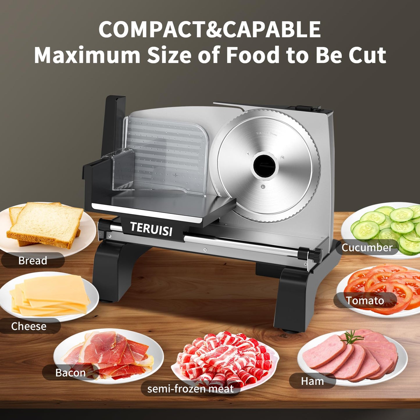 TERUISI Electric Meat Slicer, 200W Deli Slicer with 2 Stainless Steel 7.5" Blades, 0-18mm Adjustable Thickness, Food Slicer Machine with Food Tray, Towel for Home, Bacon, Bread, Jerky, 110V Ham Slicer