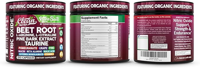 Clean Nutra Organic Beet Root Capsules L Arginine L Citrulline Pine Bark Nitric Oxide Beetroot Powder Arginine Citrulline Supplement Pre Workout Supplements Extract ??120 Vegan Pills