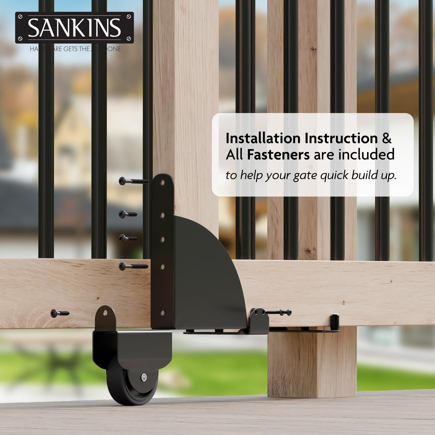 SANKINS Heavy Duty Sliding Gate Kit, Adjustable Sliding Gate Hardware Kit for Wood Fence, Anti Sag Gate Kit Gate Corner Brace Bracket with Gate Latch, Fence Gate Kit for Driveway Gates, Pool Gates
