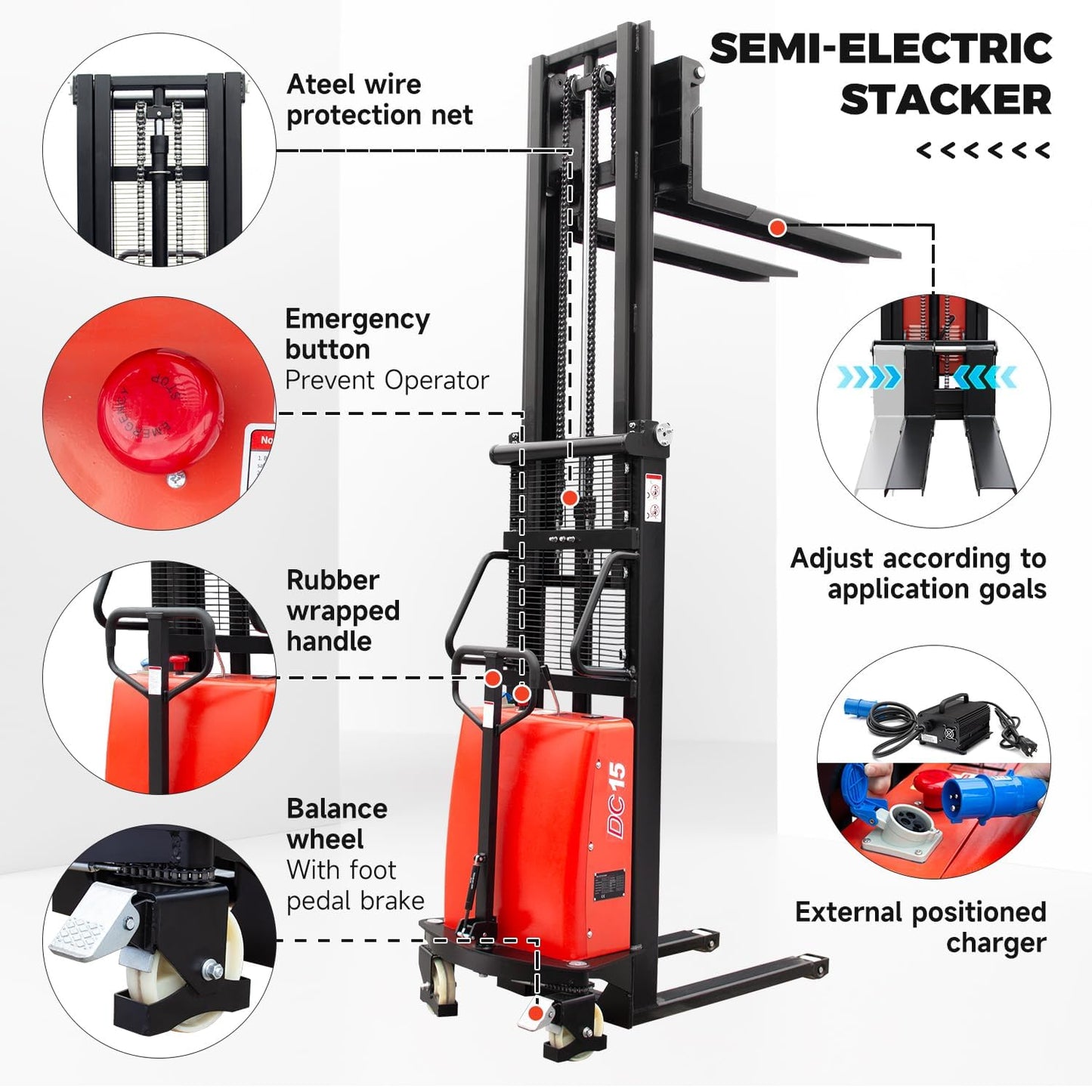 Fworkleft Semi-Electric Pallet Stacker, 3300 lbs Capacity, Lithium Battery Powered Walkie Stacker with 98" Lift Height, Electric Drive & Manual Lift for Warehouse & Shop