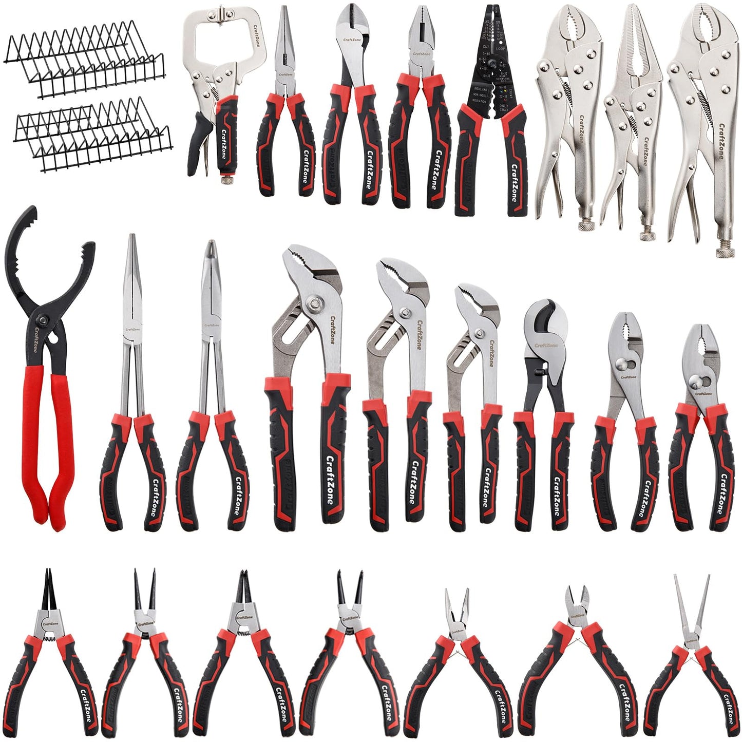 24 Piece Professional Pliers Tool Set with Storage Rack, Snap Ring, Needle Nose, Long Reach, Lineman's, Groove Joint and Diagonal Cutting Pliers, Cable Cutter, Wire Stripper and Filter Wrench