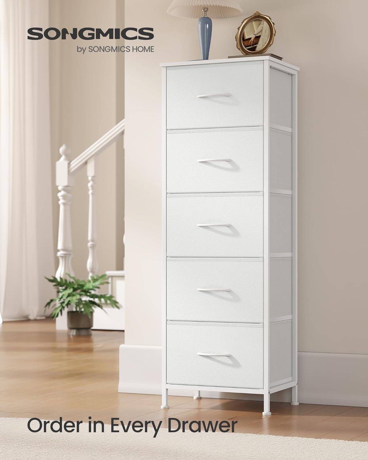 SONGMICS Dresser - Stylish Chest of Drawers with 5 Non-Woven Fabric Bins | Cloud White & Snow White