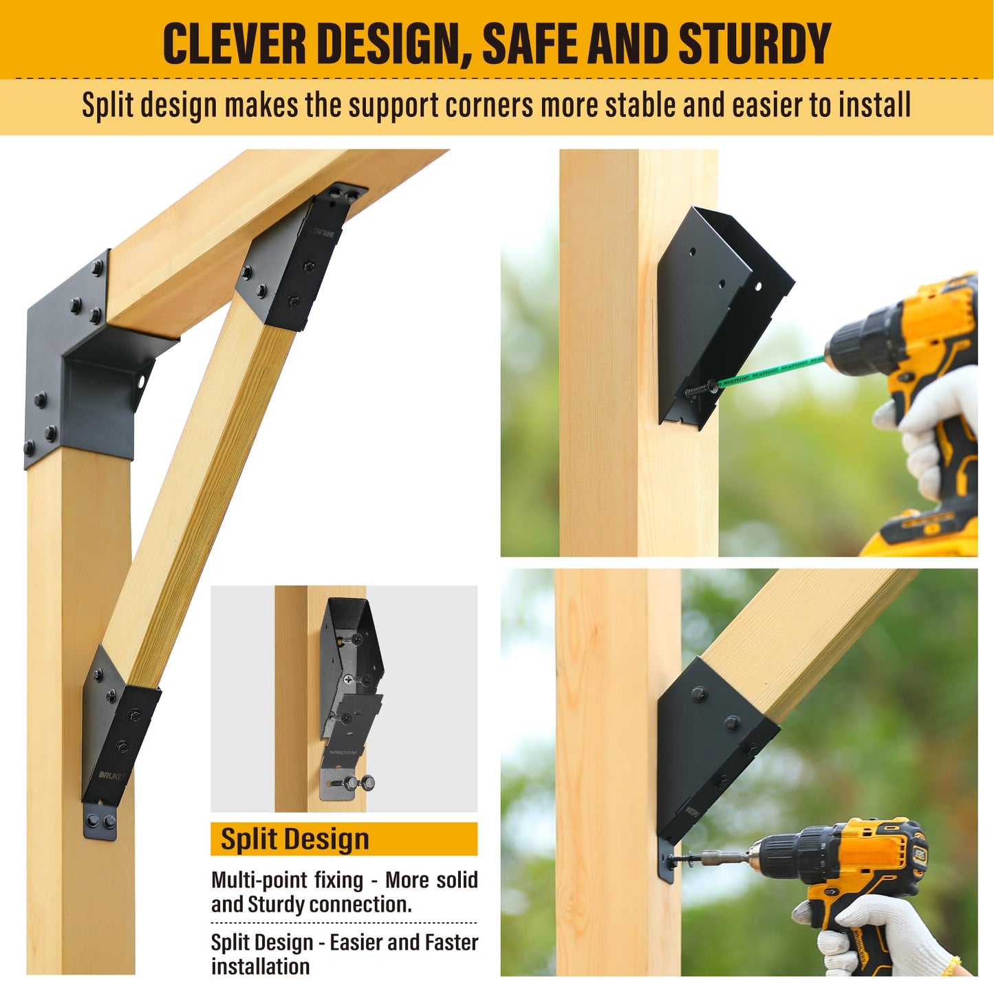 Brukid 4pc 45°-Degree Angle Support Bracket, 2x4 (Actual 1.5''x3.5'') Angle Bracket, Suitable for Pergolas, Gazebo, Deck Porch, Cabin Elevated Wood Support Bracket kit (Frosted-Black)