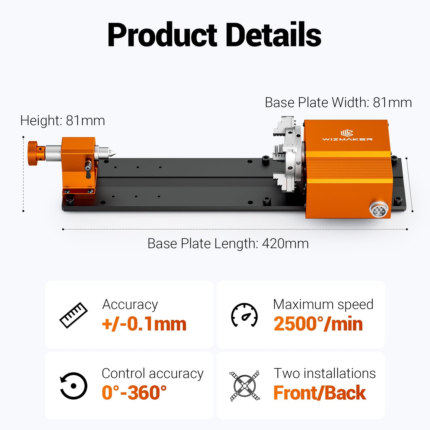 Wizmaker 4th Axis, CNC router engraving machine rotating 4th axis, belt reduction ratio: 1:4 (18:72) chuck diameter 4mm-63mm maximum length 190mm