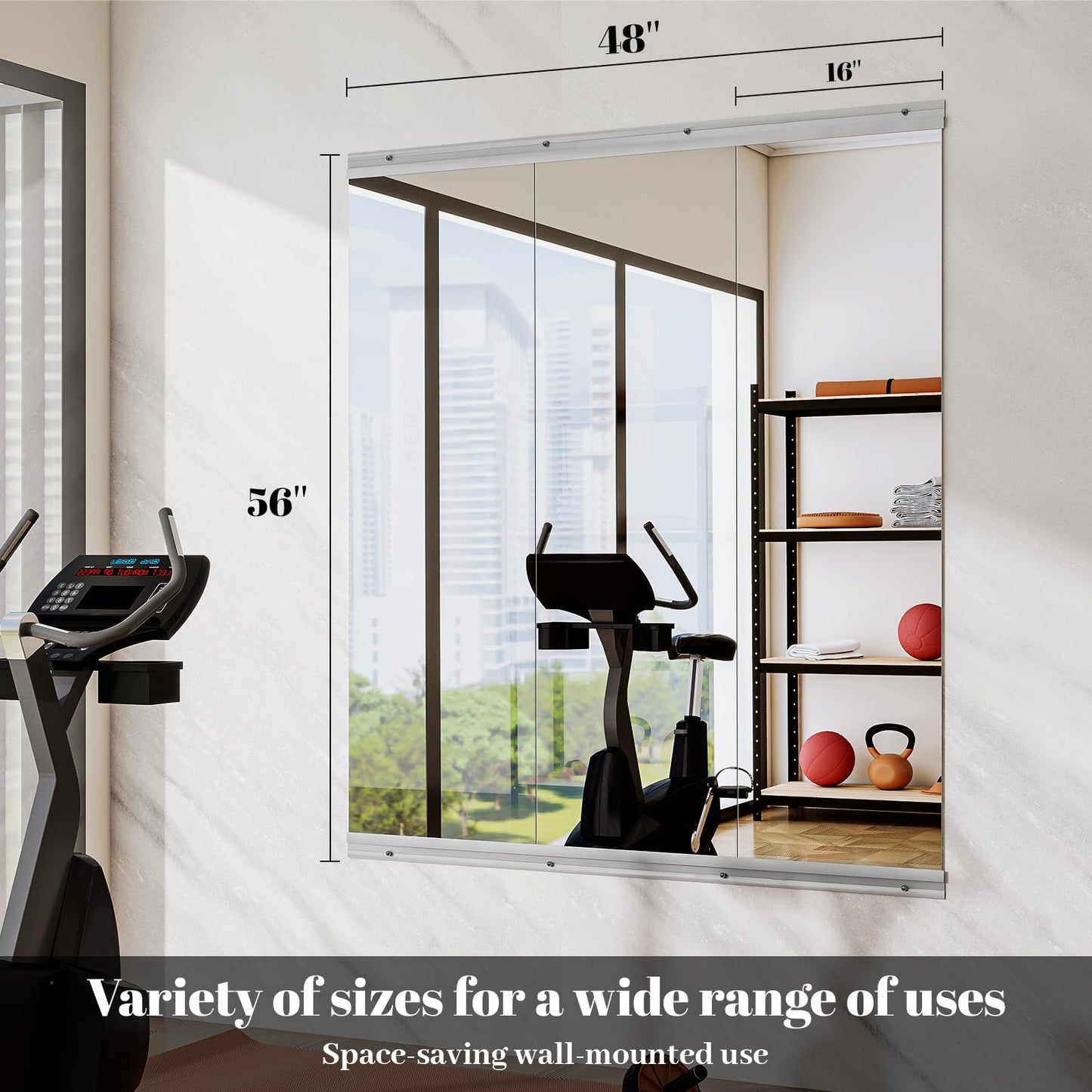 VooBang Home Gym Mirror - 3 PCS 16×56 inches, Large Frameless Wall Mounted Full Length Body Mirror for Dancing Studio, Exercise, Fineness, Yoga, Tempered Glass