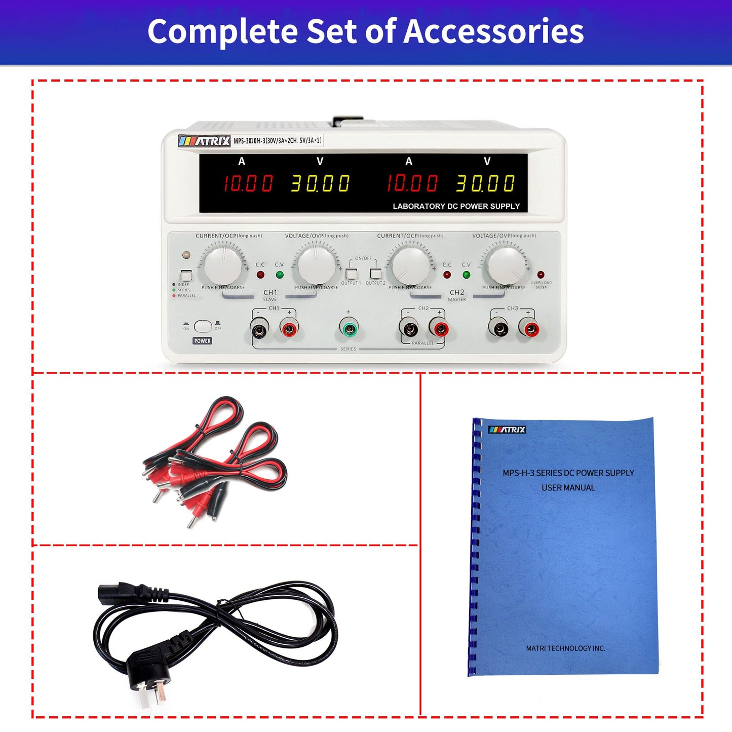Dc Power Supply Variable 30V 10A, Triple Output Power Supply 615W, MATRIX MPS-3010H-3 Adjustable Linear DC Bench Power Supply 10mV/1mA High Resolution, Voltage/Current Display in Series/Parallel Mode