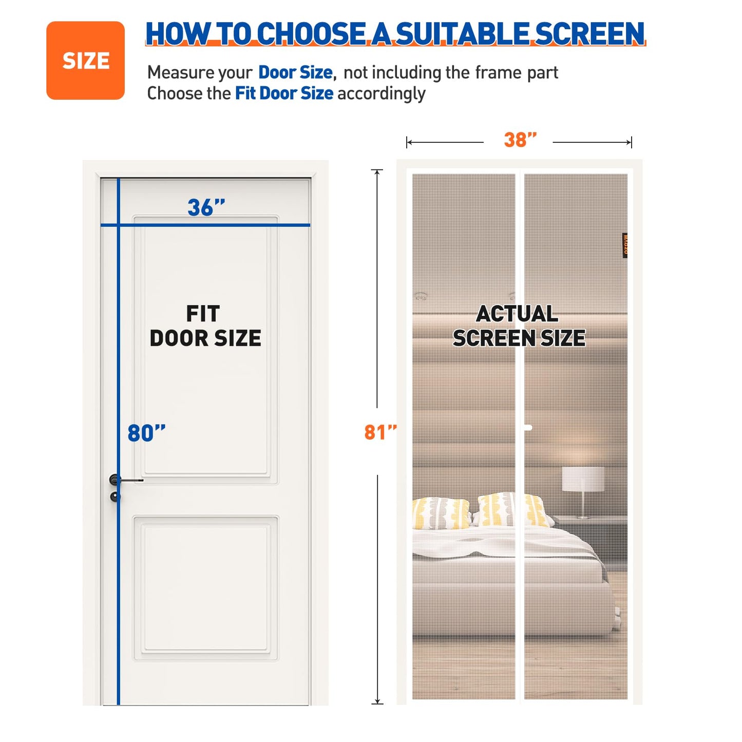 MAGZO Magnetic Screen Door Fit Door Size 36 x 80 Inch, Screen Size 38" x 81" Strong Magnet Door Mesh with Reinforced Hook & Loop for Patio, Sliding, French Door, White