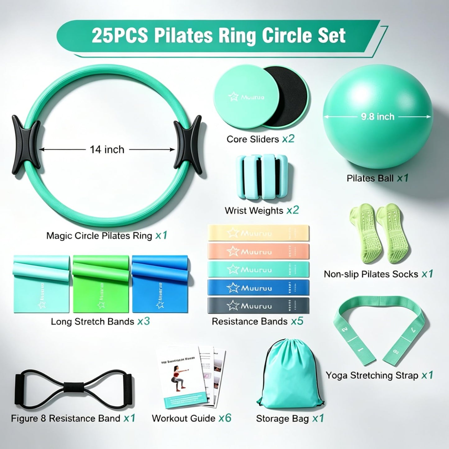 Muuruu Pilates Equipment Kit for Home Workout, Pilates Ring and Ball Set for Women, 14'' Magic Circle Essentials Accessories Kit, Wrist Weights, Resistance Bands, Yoga Strap, Socks, Bag Green