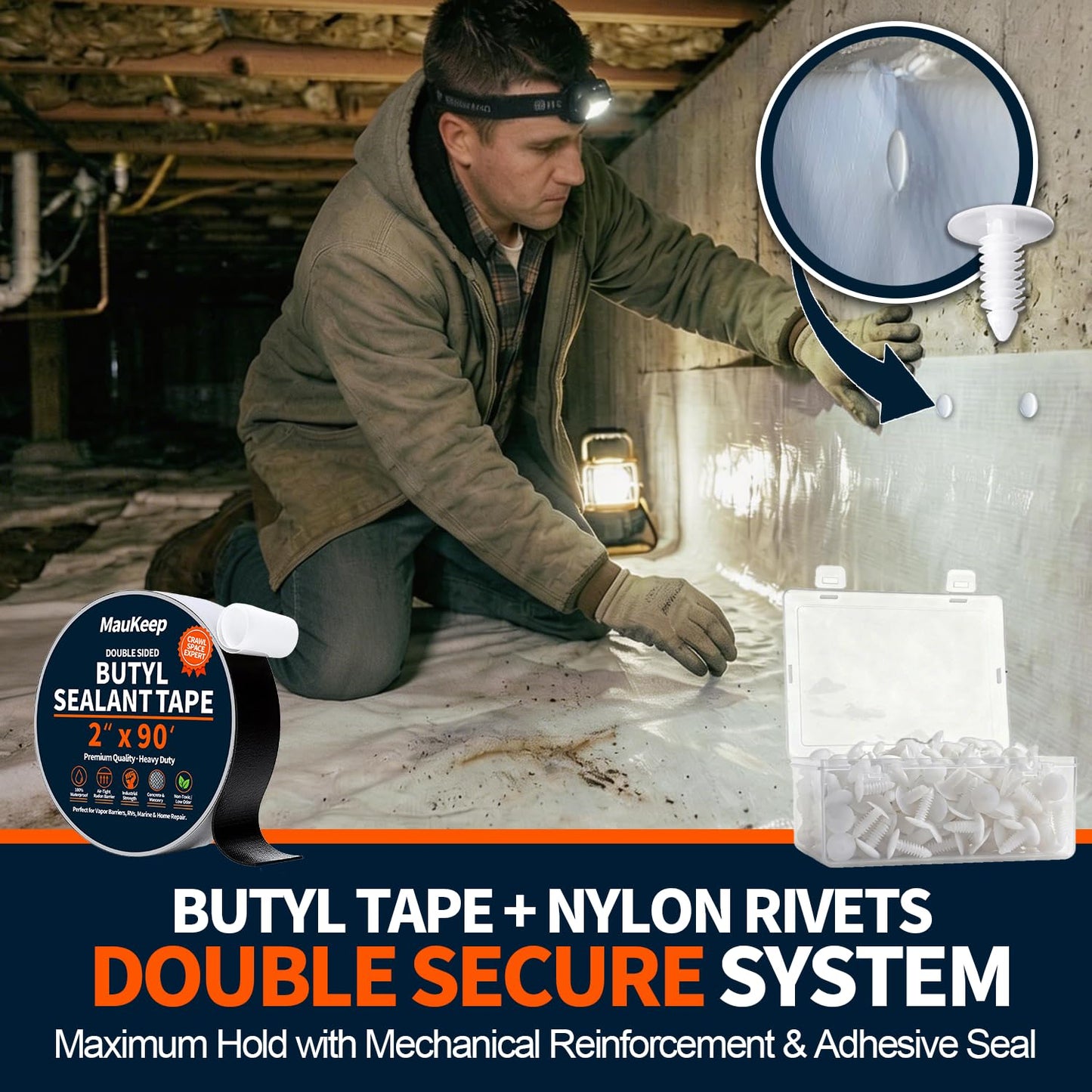 Double Sided Foundation Butyl Sealant Tape (2" x 90FT ) & 600pcs Christmas Tree Fasteners for Crawl Space Encapsulation, Waterproof Vapor Barrier Wall Seal, Double Secure Permanent Fastening Set