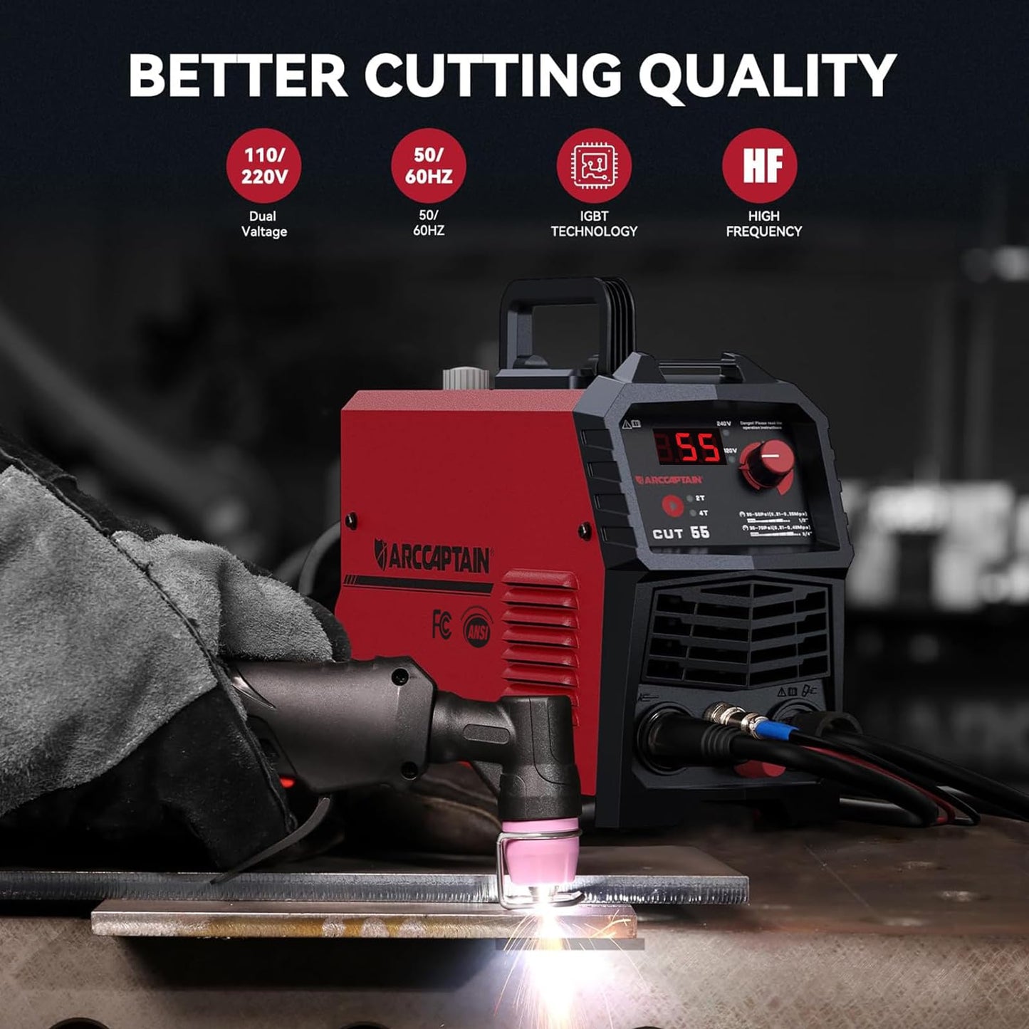ARCCAPTAIN 55A Plasma Cutter, Non-Touch Pilot Arc High-Frequency Plasma Cutting Machine + ARCCAPTAIN Large View 3.94" x 3.66" True Color Auto Darkening Welding Helmet with Light
