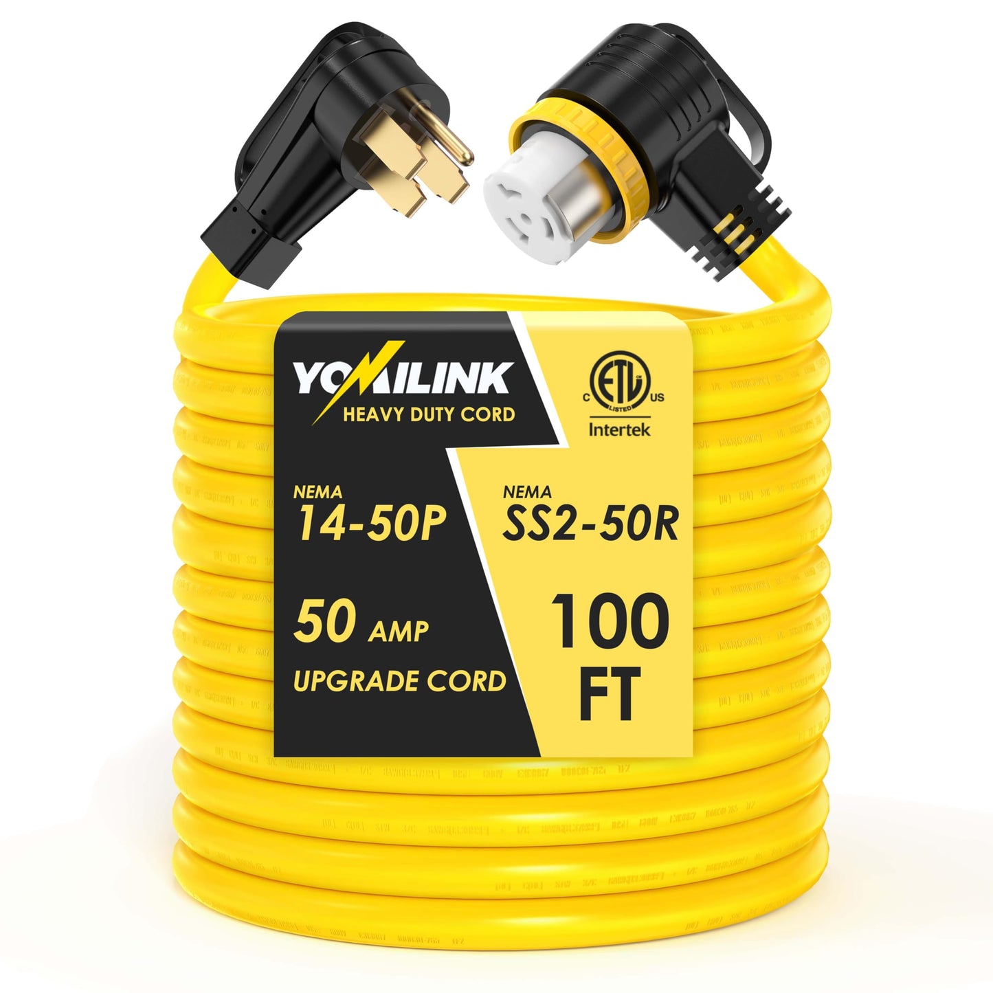 YOMILINK 100 Feet 50 Amp RV/Generator Cord, 100% Copper Wire, NEMA 14-50P to SS2-50R Twist Lock, Newly Designed 90°Grip Handle, 6/3+8/1 Gauge STW Wire