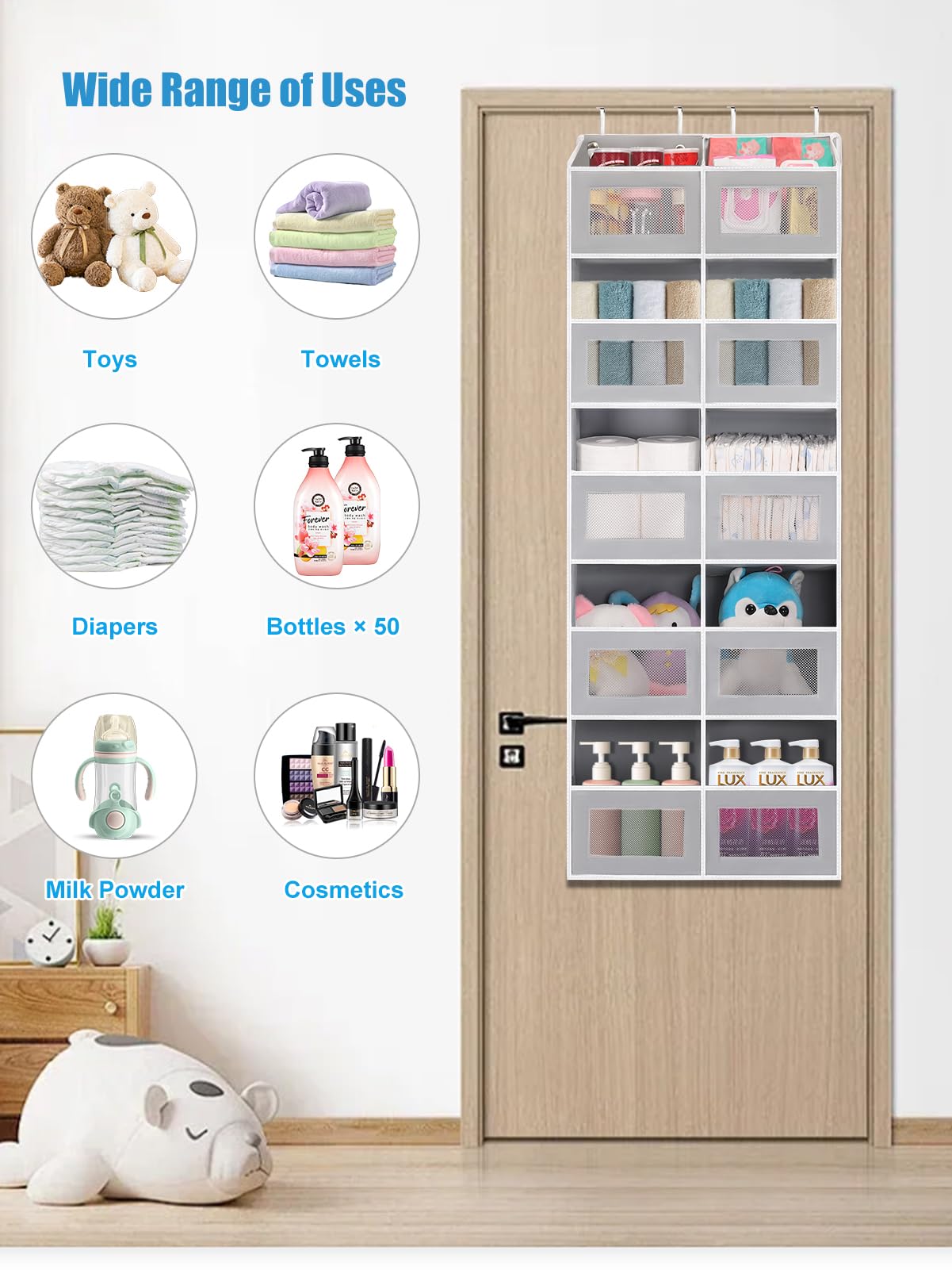 Over the Door Organizer Hanging- 10 Compartments, 80 lbs Load Behind Door Stuffed Animal Storage, Extra Large Toys Storage Organization for Bedroom, Bathroom, Closet, Nursery, Shoes, Diaper (grey)