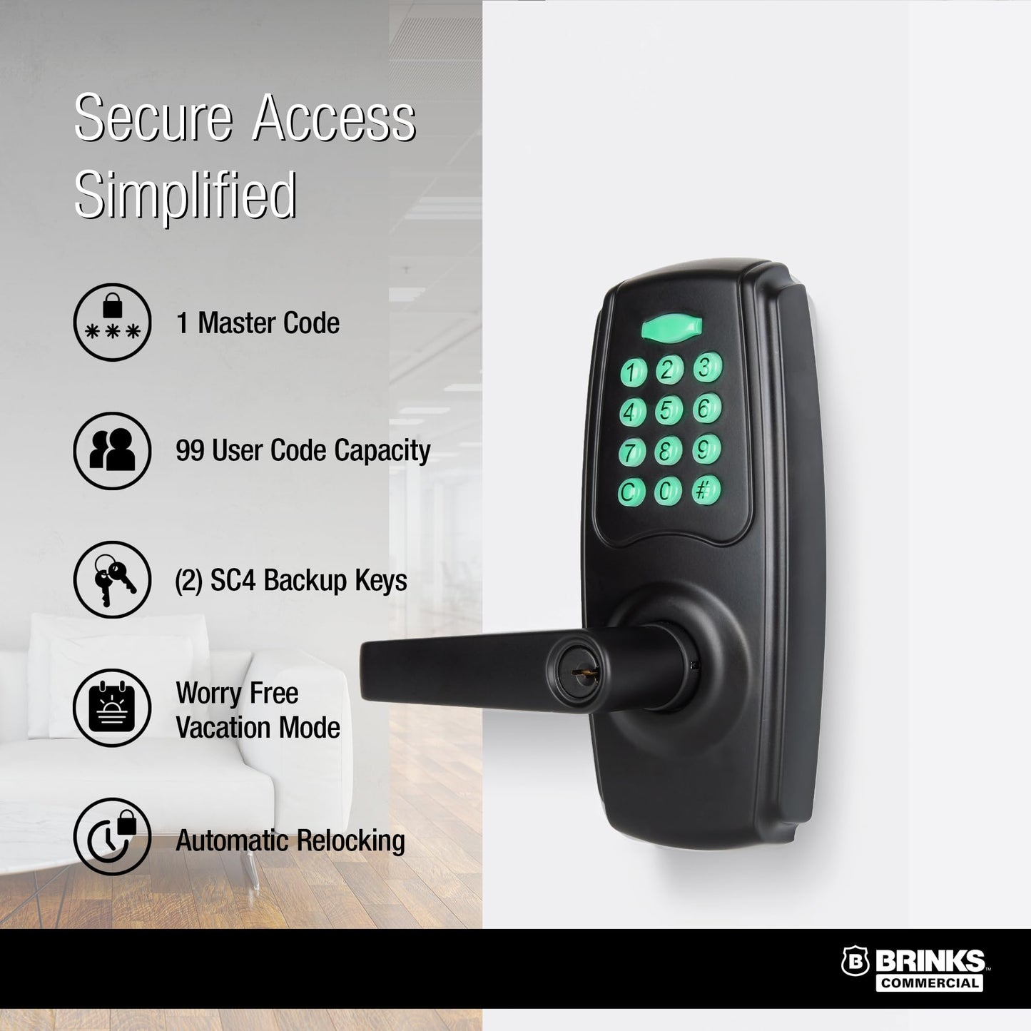 BRINKS ANSI Grade 2 Keypad Door Lock with Handle for Commercial & Residential Use, Keyless Entry Door Lock, 99 User Codes, Auto-Relock, Battery with Backup Keyway
