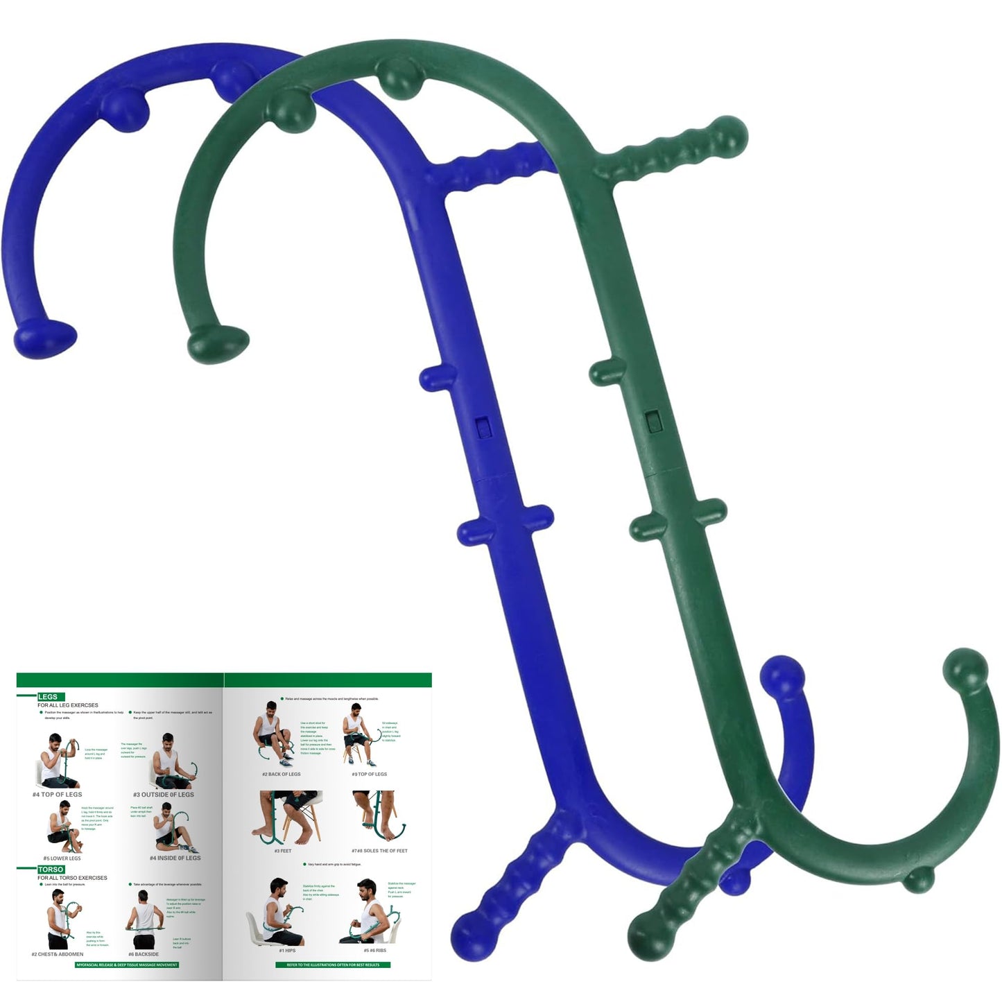 Shrdaepe 2 Pack Massage Trigger Point Cane, Body Deep Tissue, Handheld Back, Neck, Shoulder, Leg and Feet Massager Rod, Muscle Release Tool Self Massage Hook Cane Gifts for Women & Men, Blue & Green