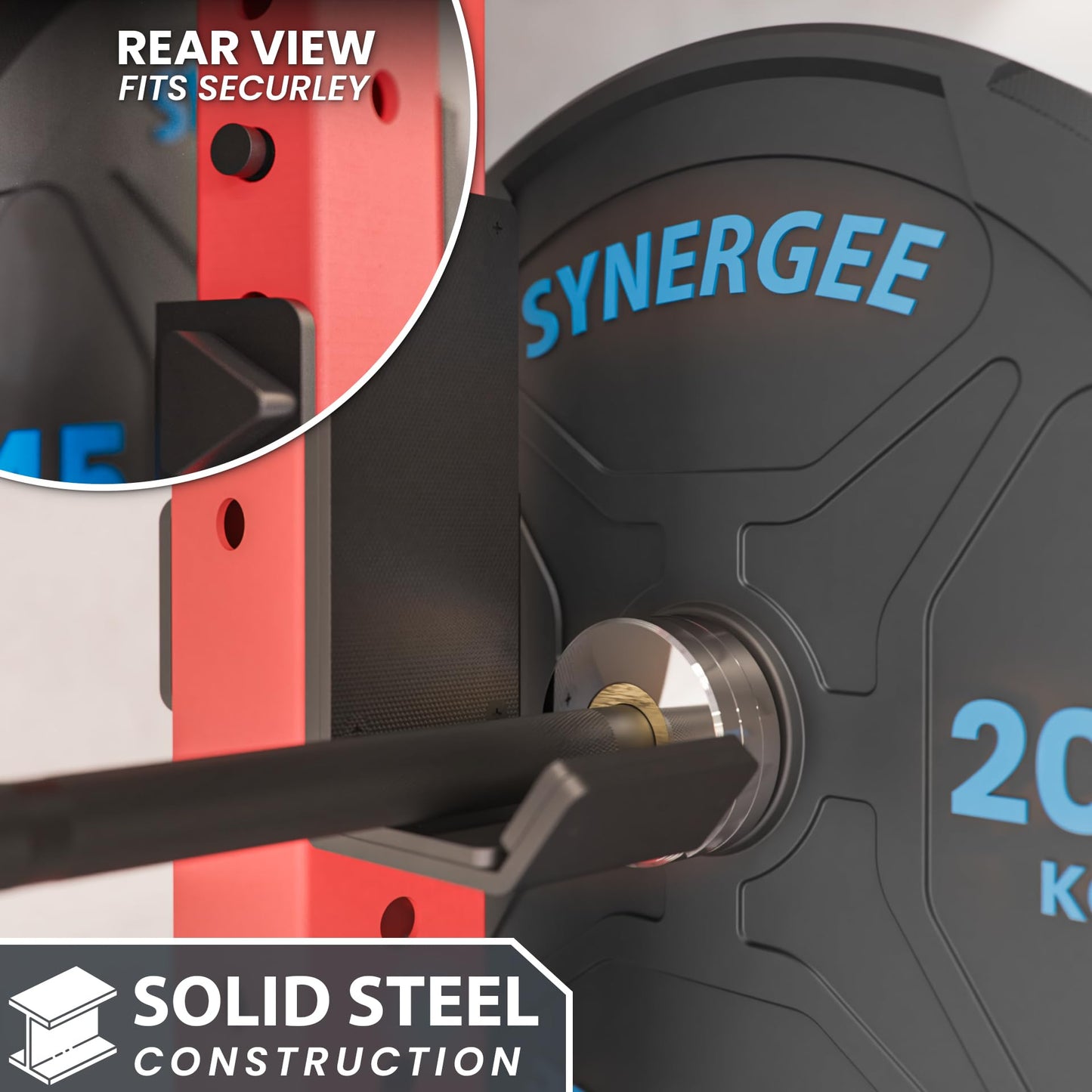 Synergee J-Hooks for Power and Squat Racks. 3x3 J-Cups Designed for 1” or 5/8 Hole. J-Hooks for Power Lifting, Squats and Presses. Sold in Pairs.