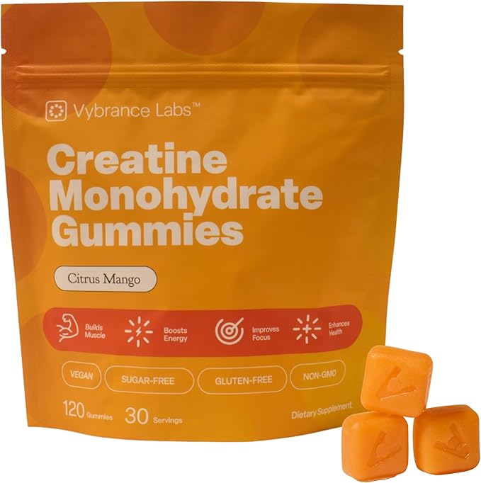 Creatine Gummies 5g Monohydrate + Taurine & B12 - Sugar-Free, Vegan, Gluten-Free - Citrus Mango - 120 Count (30 Servings) for Strength, Energy & Focus