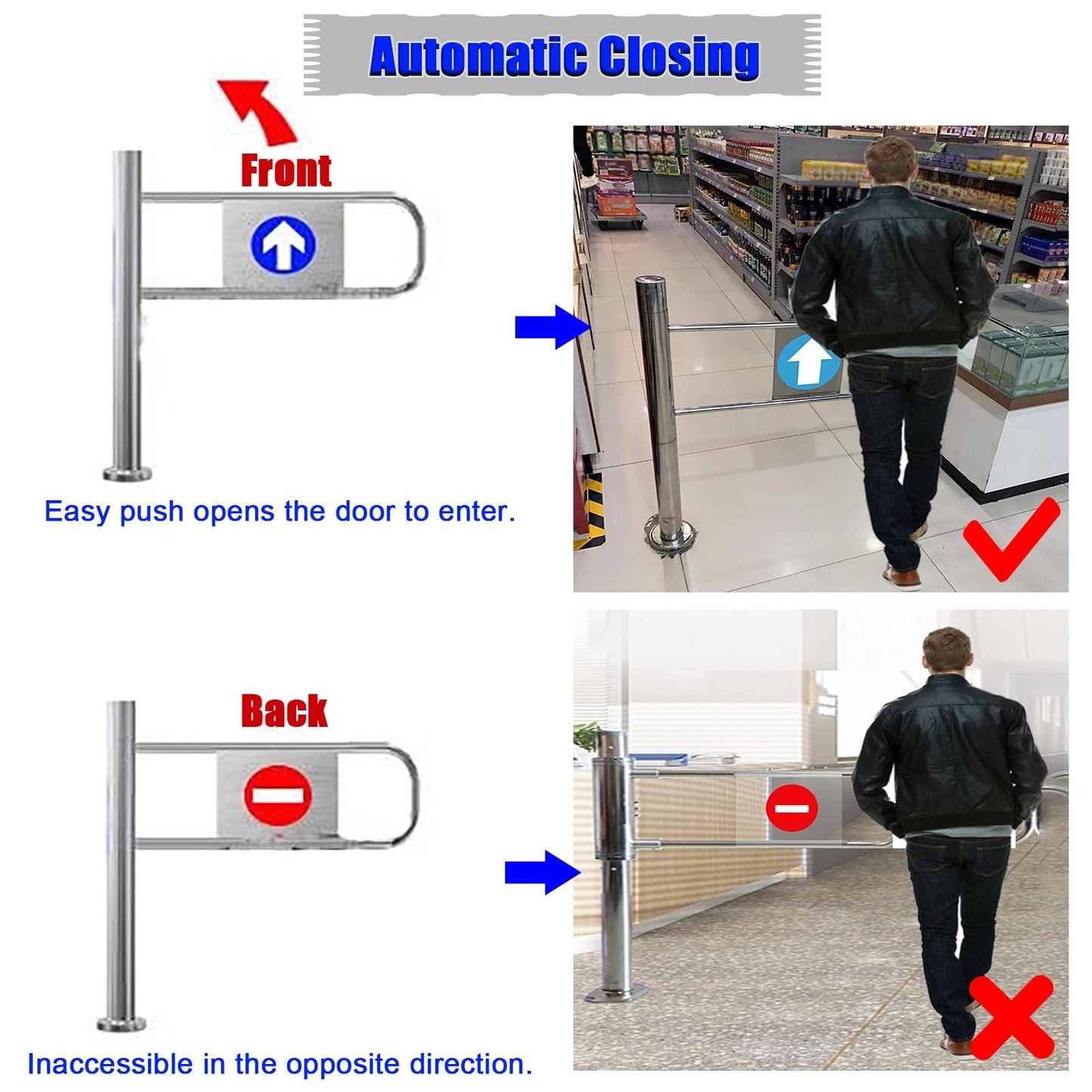 Stainless Steel One-Way Security Turnstile Gate, Double-Spring Entry/Exit Barrier, 75 cm Wide Safety Gate for Supermarkets, Airports & High-Traffic Areas
