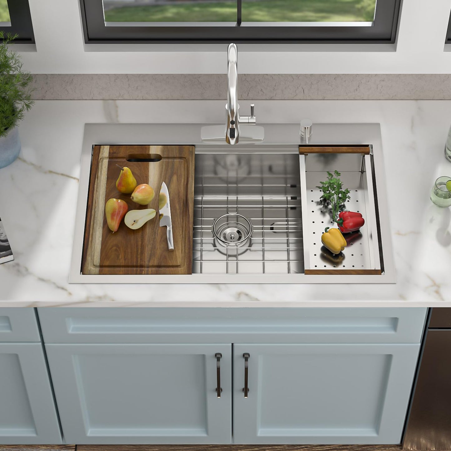 Fulorni 33"x22" Drop In Kitchen Sink Ledge Workstation – 16 Gauge 304 Stainless Steel Above Counter Deep Single Bowl Top Mount Sink Basin