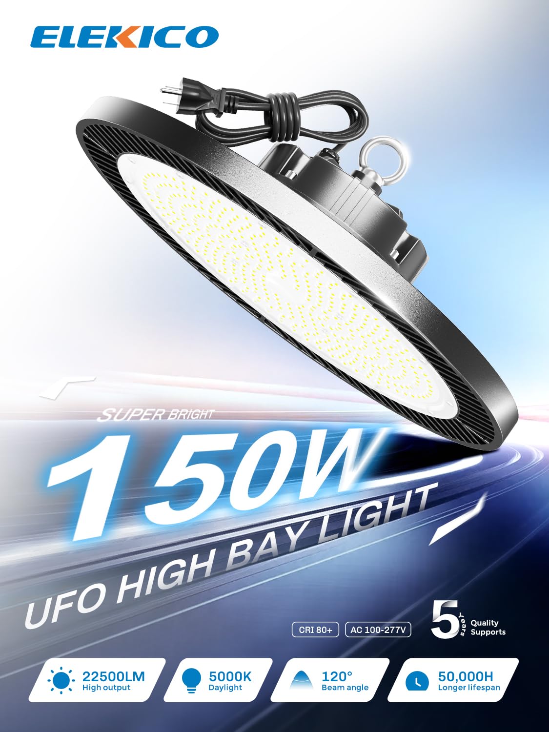 ELEKICO UFO Led High Bay Light 150W 5000K Shop Lights 21000Lm Daylight with Plug, UFO High Bay Lights for Garage Warehouse Workshop Factory Barn Logistics Center 6 Pack