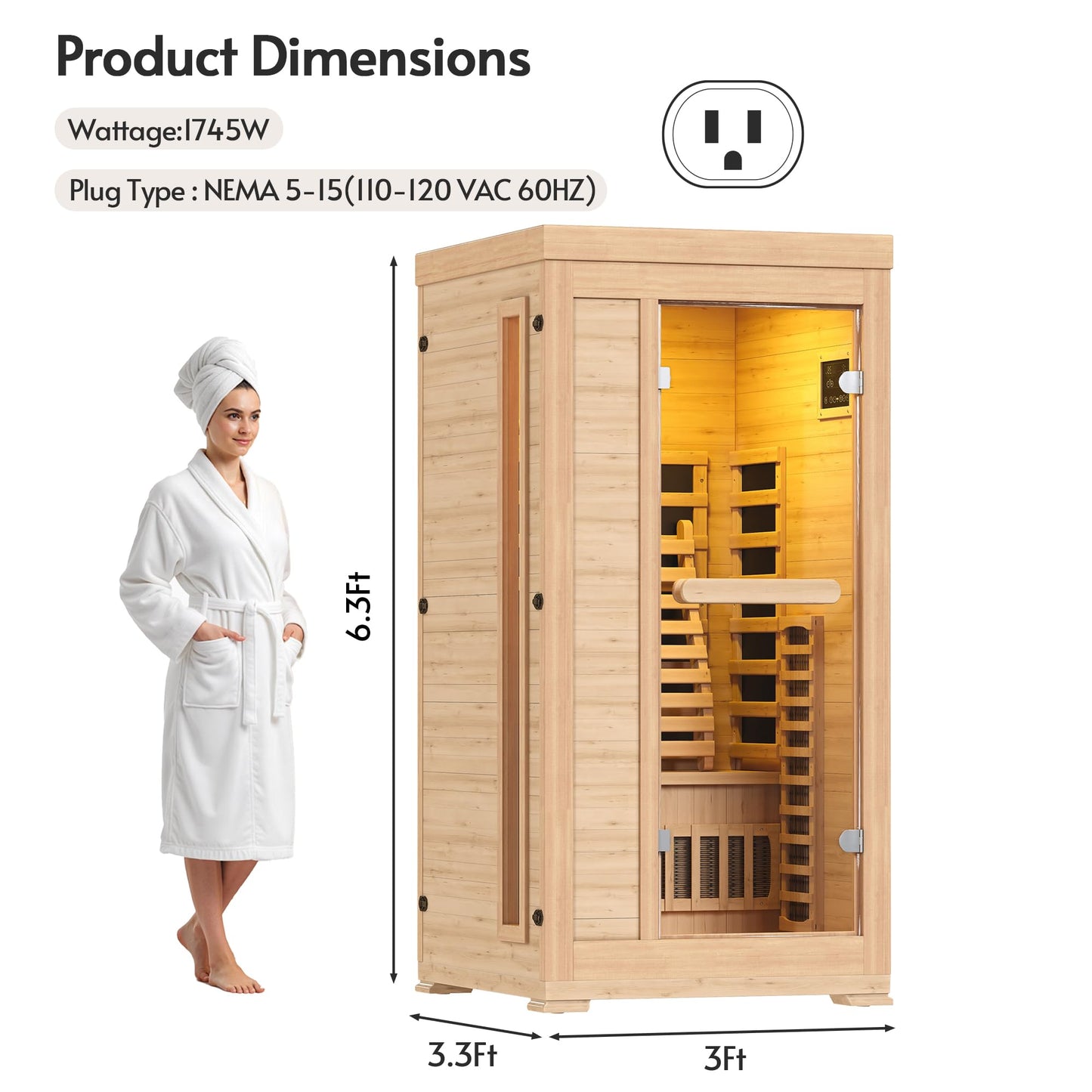 Rotihom 1-2 Person 6.3Ft Infrared Sauna, 7 Color Full Spectrum Wood Dry Sauna. Canadian Hemlock Indoor Saunas with 1745W 20Min Fast Heating & Music Speakers for Home & Gym (40" Lx36 Wx76 H)