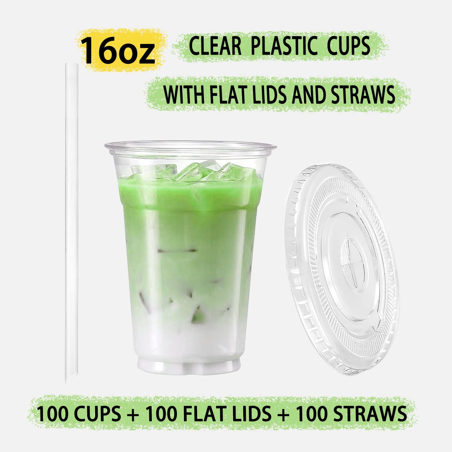 TashiBox TahiBox Plastic cups with lids and straws 16 oz 100sets [100 cups & 100 flat lids & 100 straws],clear crystal disposable iced coffee cups with lids