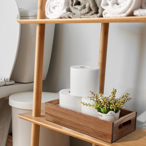 ALELION Acacia Wood Bathroom Storage Basket - Stylish Toilet Paper Organizer with Handle | Small Narrow Design for Versatile Use
