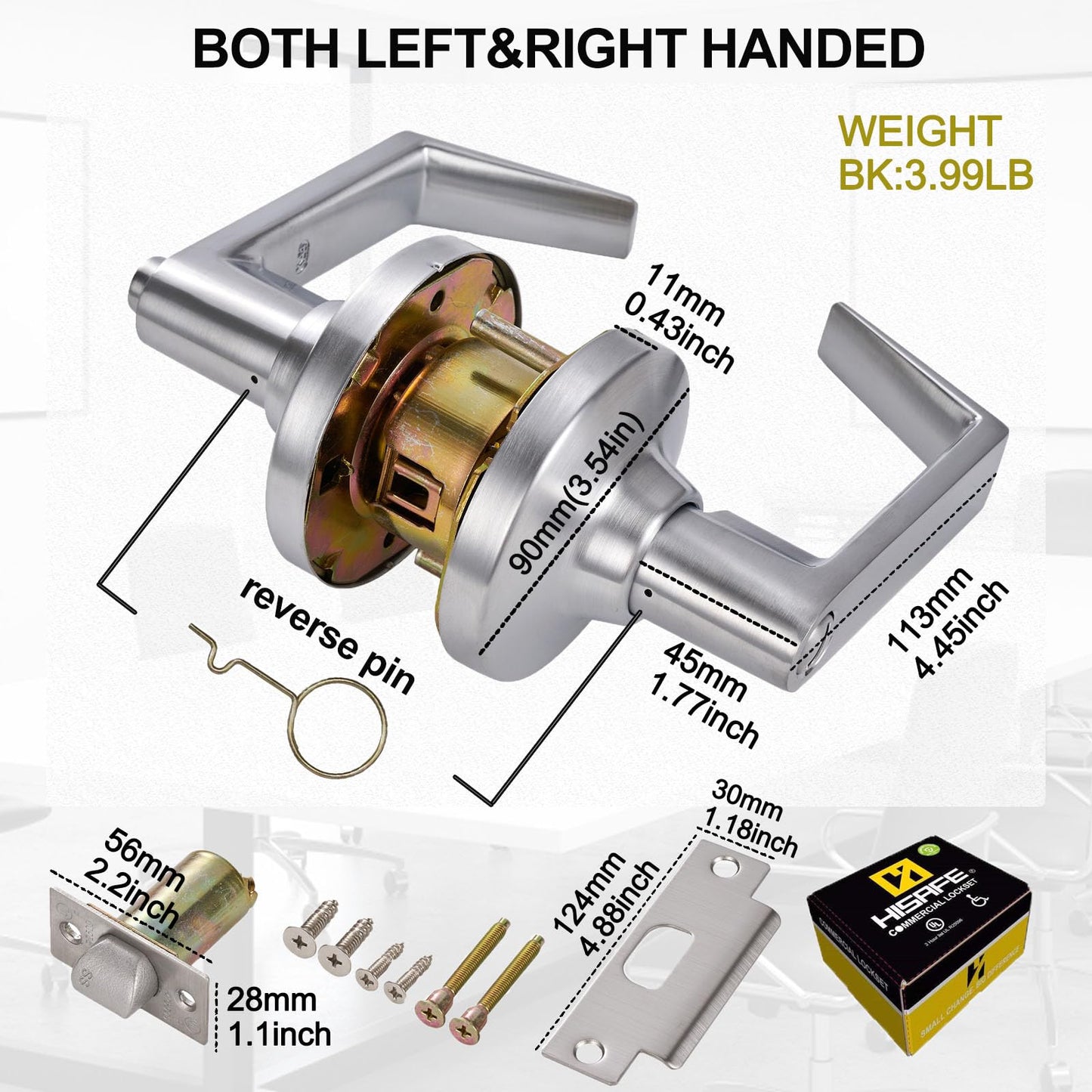 HISAFE Privacy Grade 1 Commercial Door Locks Heavy Duty Bathroom Door Lever, Non-Handed, UL 3 Hour Fire Rated, ADA Compliant, Brass Latch, 2-3/4''Backset, Satin Chrome 26D