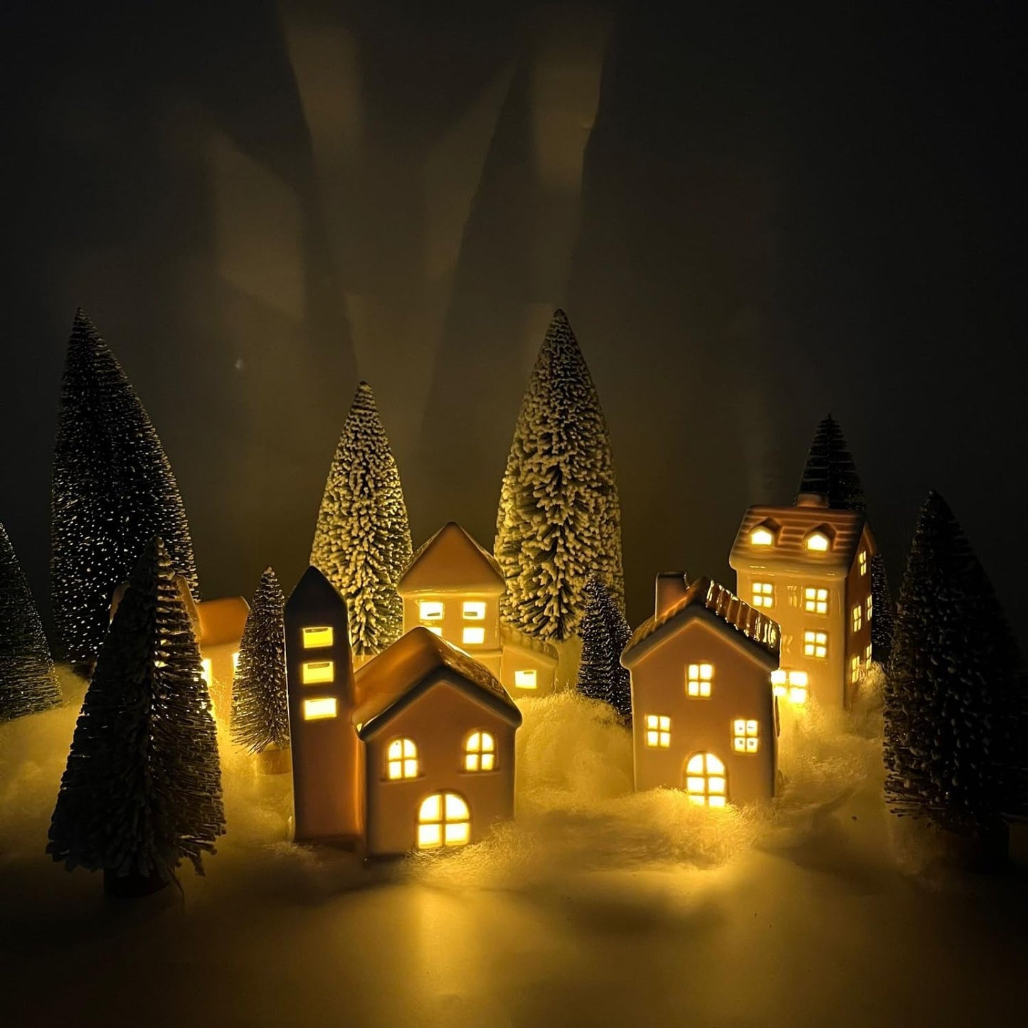 Regine Switzerland Ceramic Christmas Village Houses Set - 5 White Houses, 9 Trees & Fake Snow for Festive Home Decor