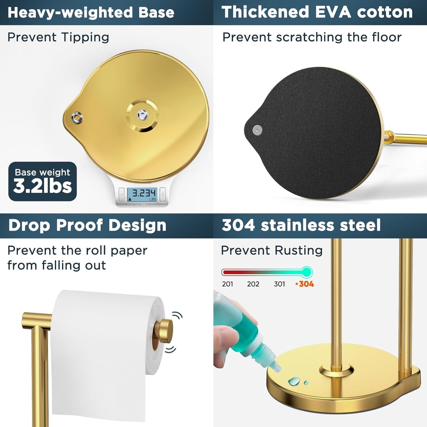 Theaoo Heavy-Duty Toilet Paper Holder Stand - Modern Freestanding Stainless Steel Tissue Roll Holder (Gold)