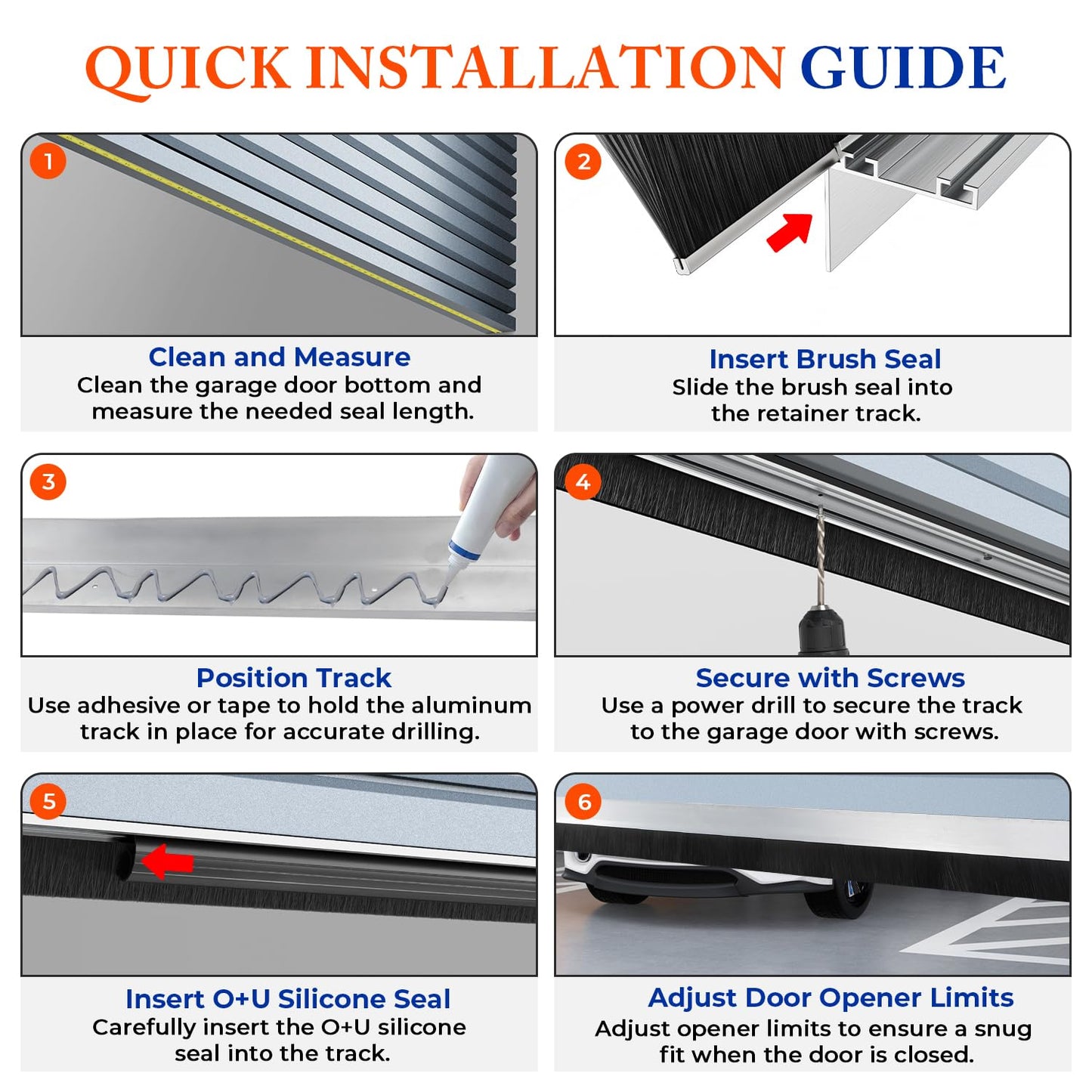 ‌POWLAB Universal Garage Door Seals Kit -10FT EPDM U+O Bottom Rubber Weatherproof Seal & Brush, Pre-Drilled Aluminum Track Retainer Base Kit for Steel/Wooden Doors, Noise Reducing