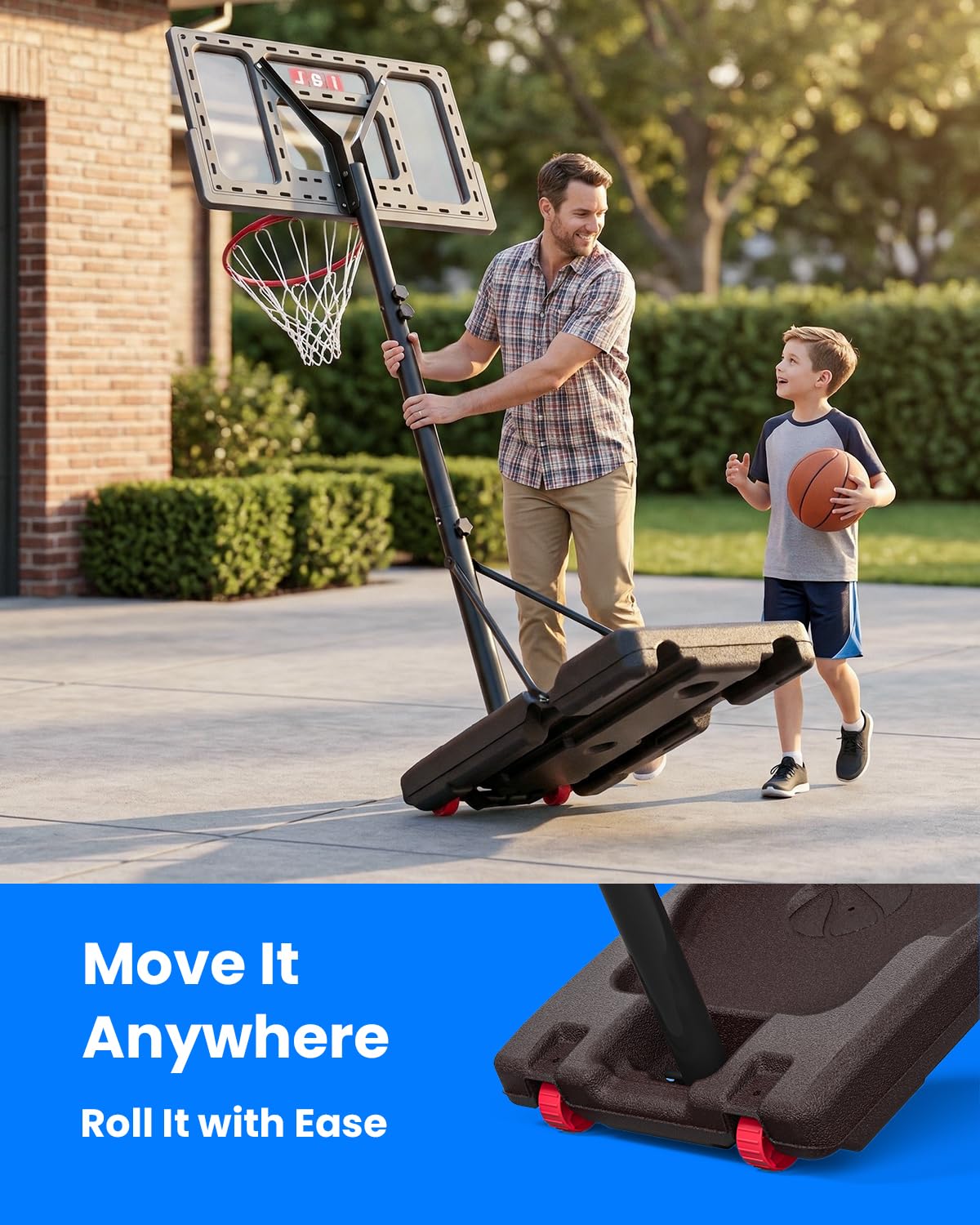 IGL Portable Basketball Hoop for Backyard, Driveway | 3-10ft Adjustable Height for Kids Teens & Adults | 40" Polycarbonate Backboard, Fillable Base for Stability & Easy Mobility on Wheels