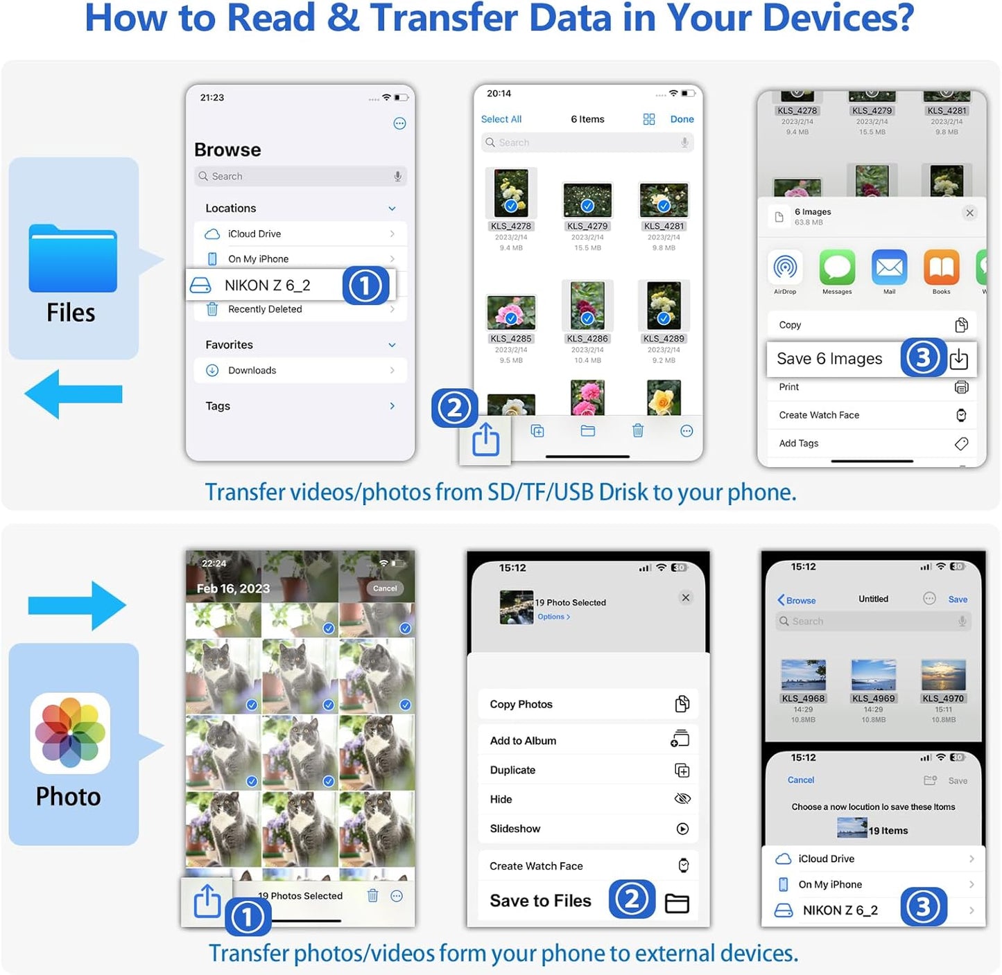 HCYEBT SD Card Reader for iPhone/Android, Memory Card Reader Supports SD/MicroSD Card and USB Devices, Built-in iOS