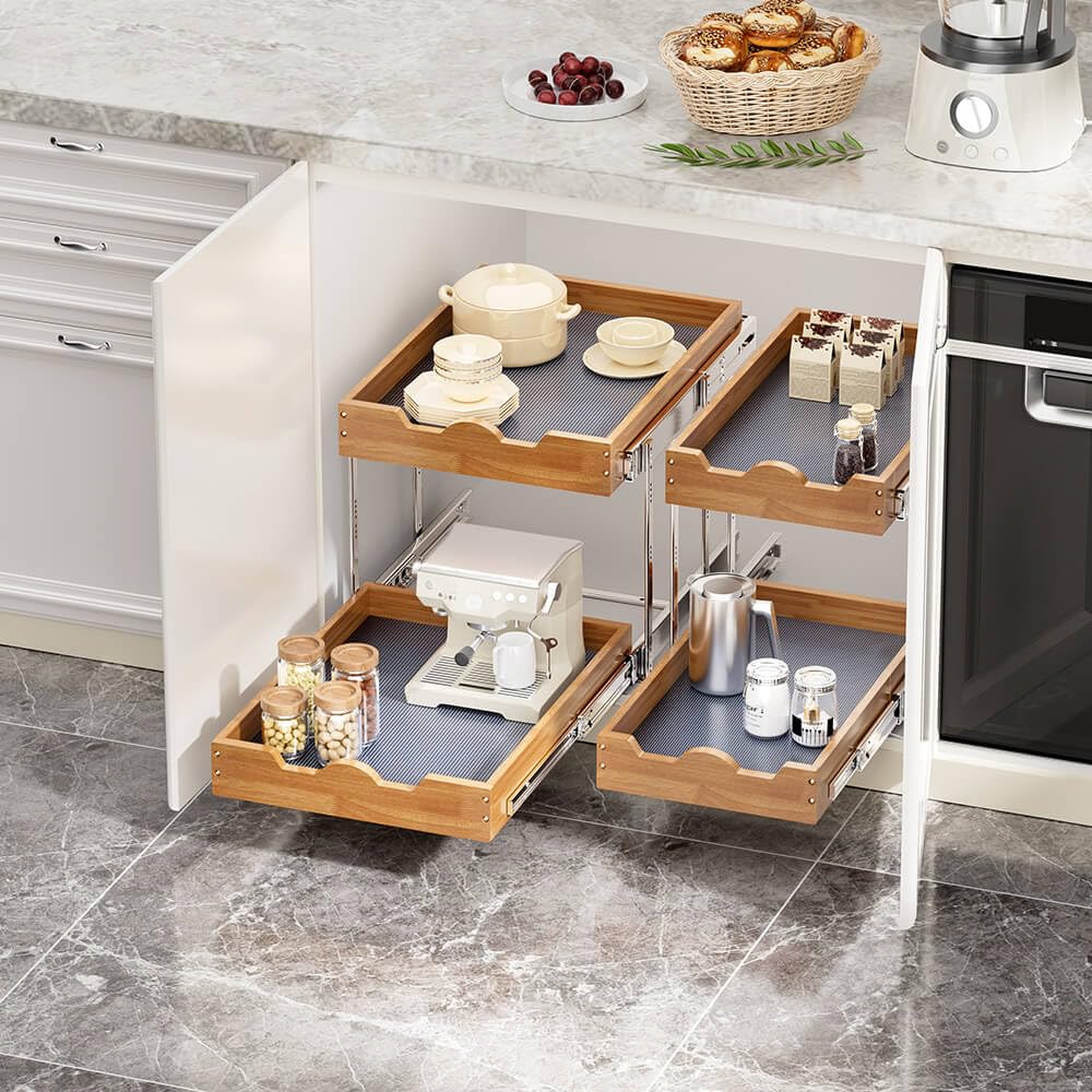 OCG 2 Tier Pull Out Drawers For Cabinets, Double Tier Slide out Wood Cabinet Organizer, Pull Out Shelves for Base Cabinet Organization in Kitchen, Pantry, Bathroom