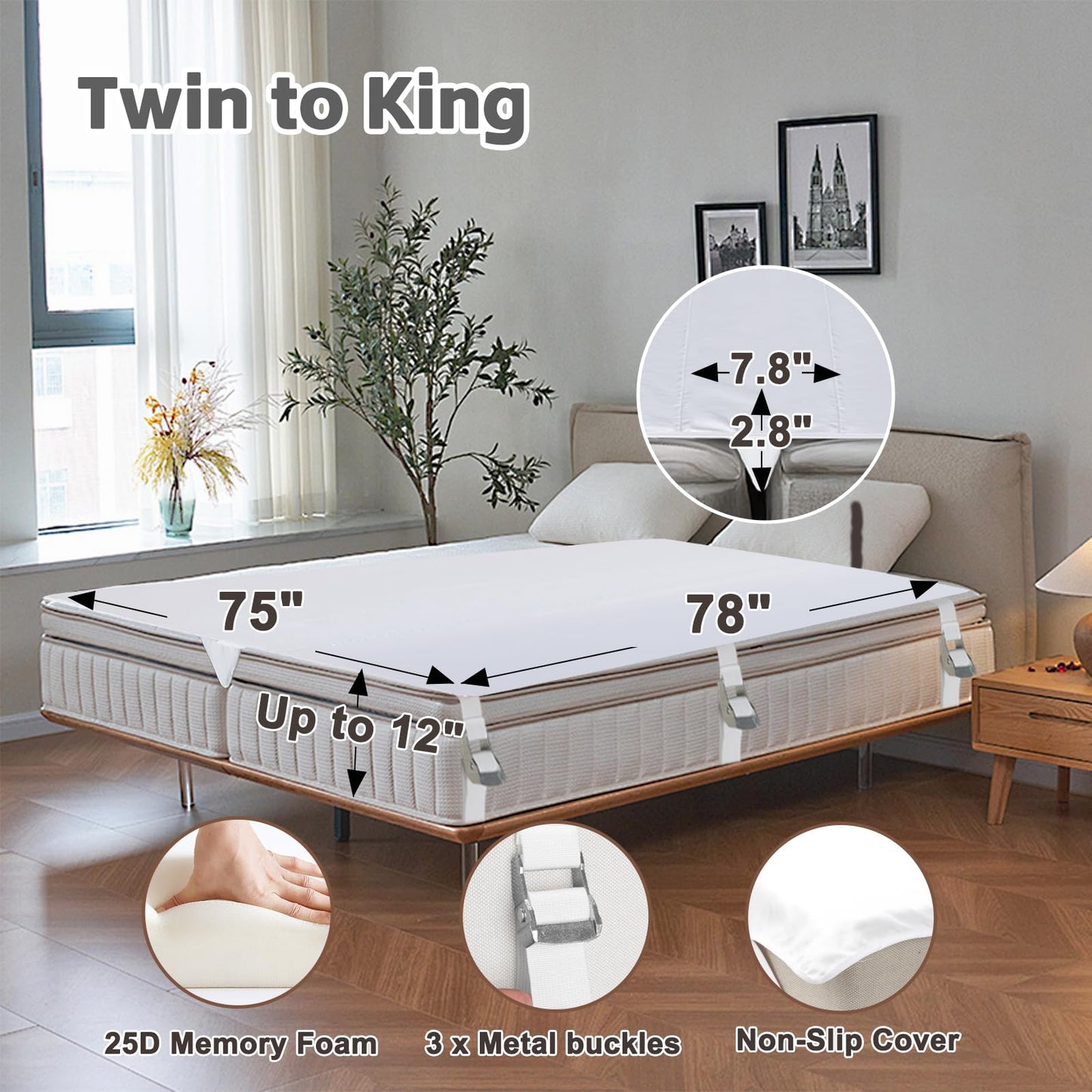 Nqdrax 3-in-1 Bed Bridge Twin to King with Fitted Sheet|Split King Gap Filler for Adjustable Bed| 78"x 75"|White (Patent Licensing)