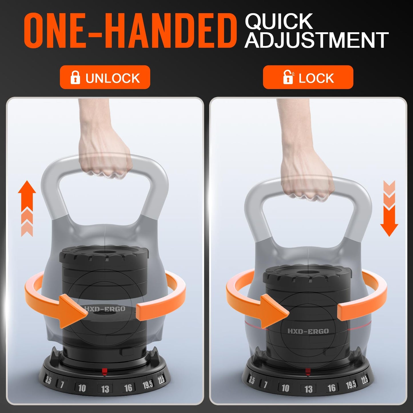 HXD-ERGO Adjustable Kettlebell Weight Set-Quickly Adjusts 7 Weights,Ergonomic kettlebell sets for Home Gym (Black（3.5-22.5LBS）)