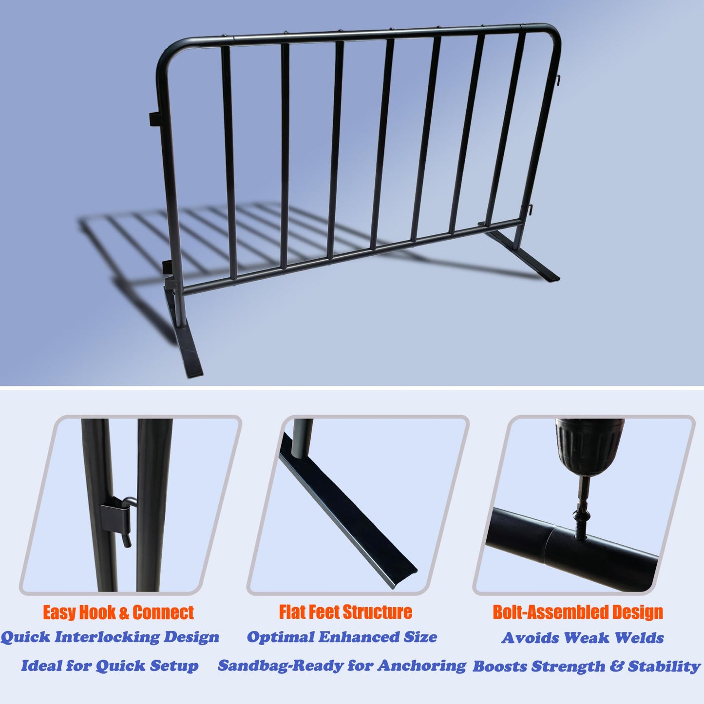 BIGalleons 2-Pack Steel Crowd Control Barrier, Light Duty 5FT Interlocking Safety Barricade, 16GA Galvanized Steel Queue Barrier, Assembly Needed for Pedestrian Traffic & Construction Barricade（Black）
