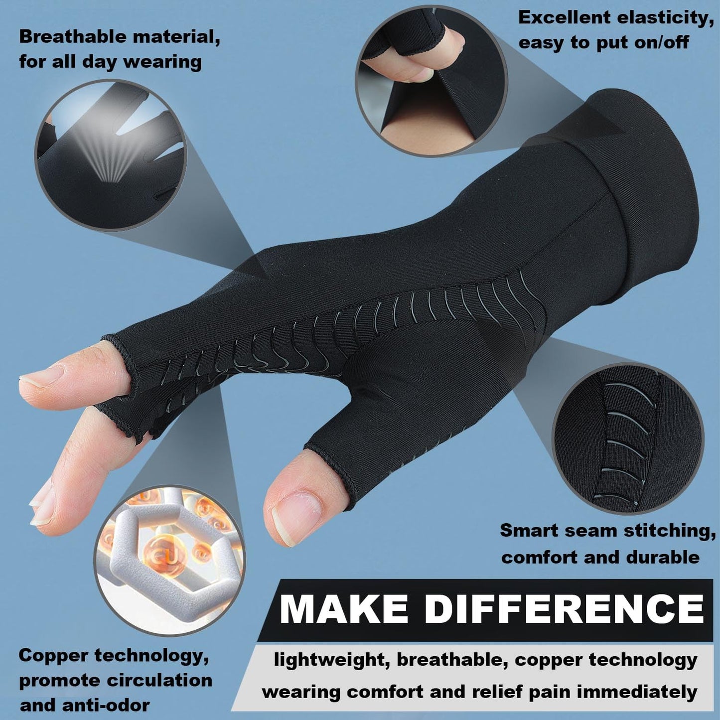 TIZHJOZI 2 Pairs Copper Arthritis Compression Gloves for Rheumatoid, Osteoarthritis, Carpal Tunnel Pain Relief, Compression Hand Gloves for Women & Men,Anti-Slip Fingerless Gloves for Work,Typing (M)