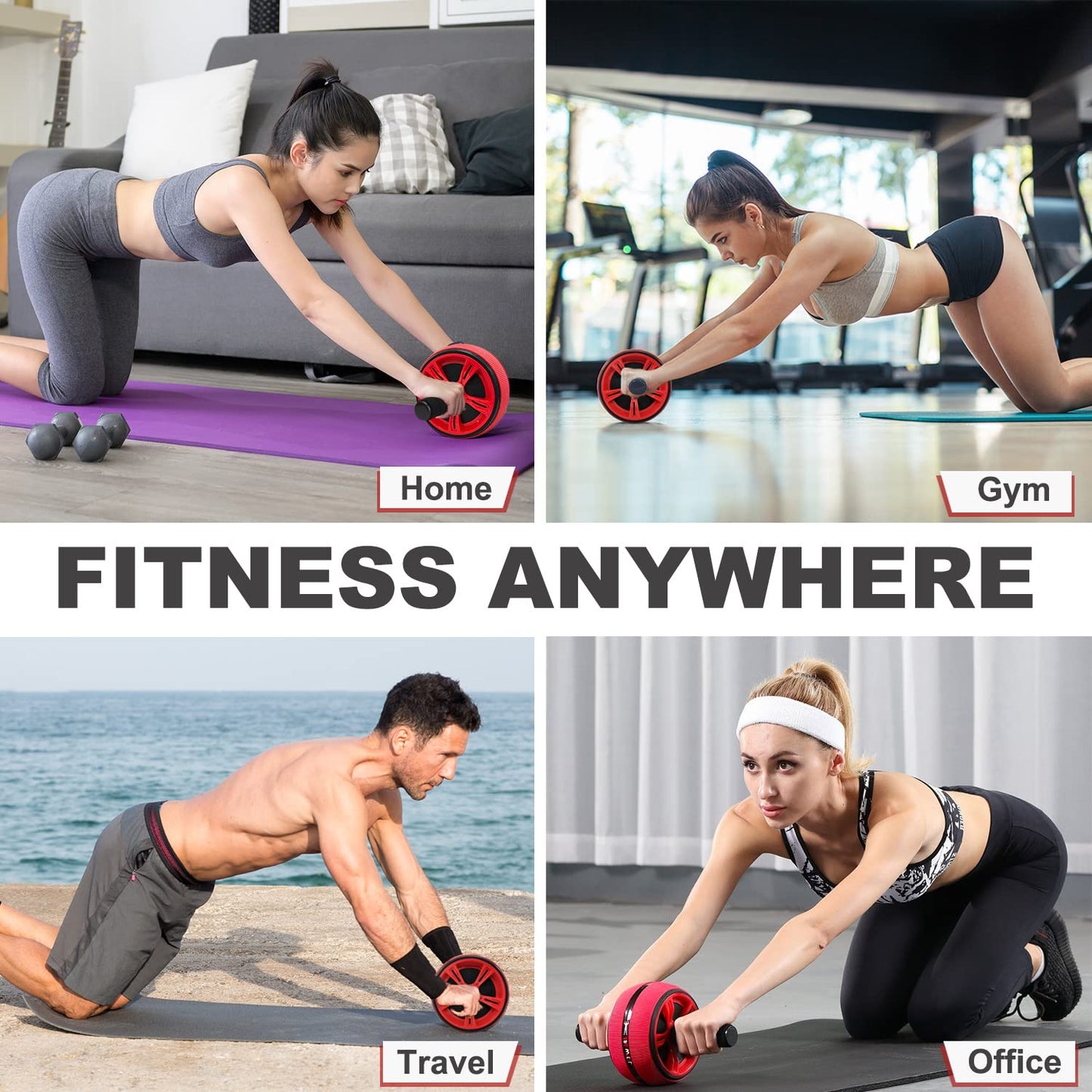 Bssay Ab Roller Wheel, Abs Workout Equipment for Abdominal & Core Strength Training, Exercise Wheels for Home Gym Fitness, Wider Ab Machine with Knee Pad Accessories Red-no resistance rope