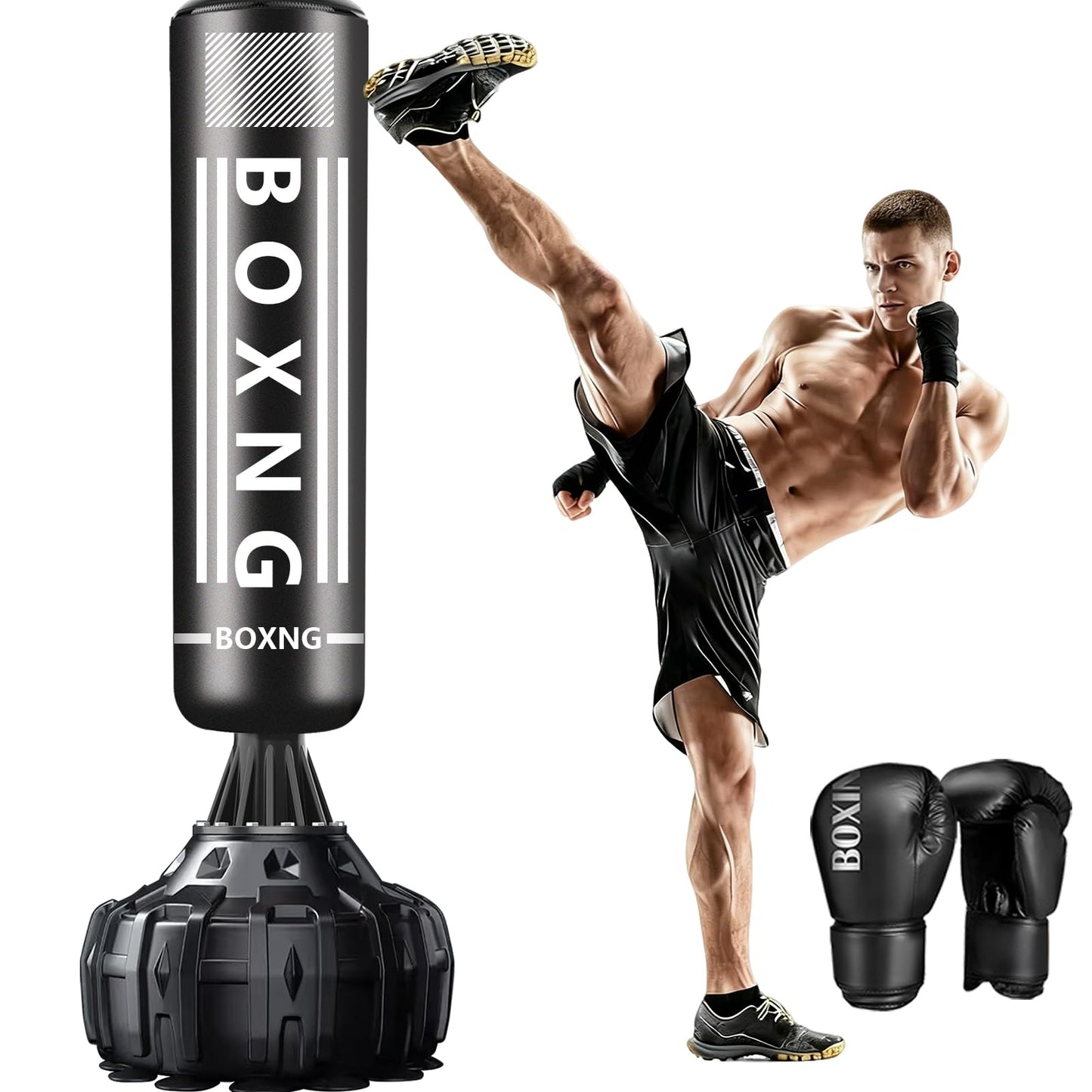 Freestanding Punching Bag with Boxing Gloves, Heavy Boxing Bag with Stand for Adult, Standing Kickboxing Bag (Black Boxing 70'' with Boxing Gloves and Wrist Guard)