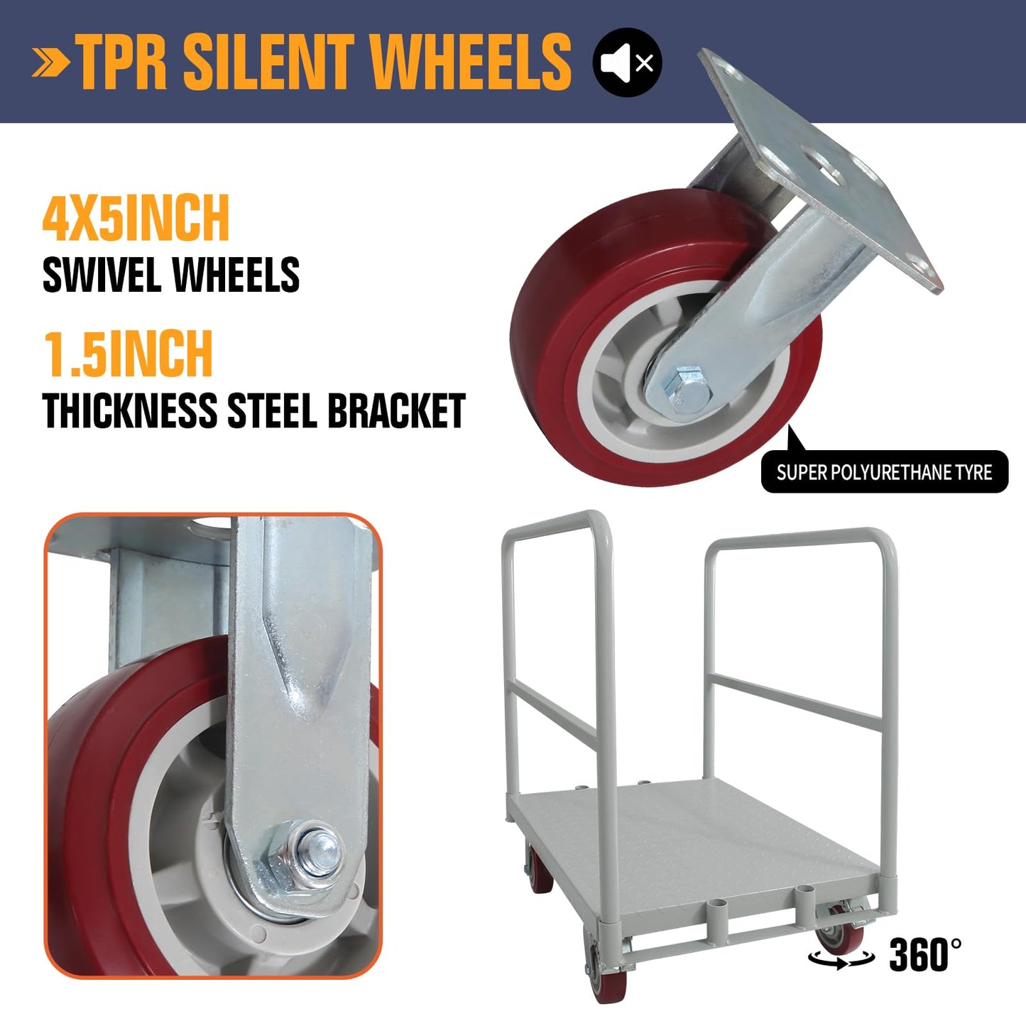 2-in-1 Heavy Duty Platform Truck Push Cart Dolly, Industrial Foldable Large Flatbed Cart with Wheels, 2 Side Handrails for Groceries, Garage, Warehouse Loading and Storage