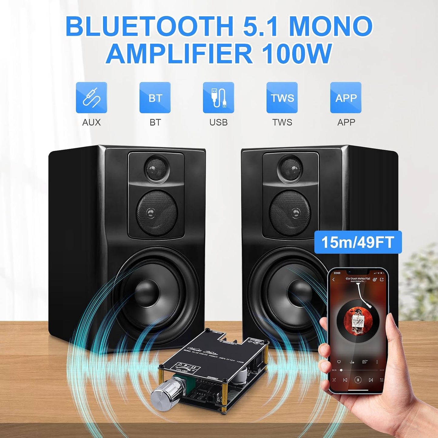 2Pack ZK-1001B 100W 7-24V Bluetooth Amplifier Board, Mono AMP TWS Mini Audio Power Amplifier Module with Box Matching