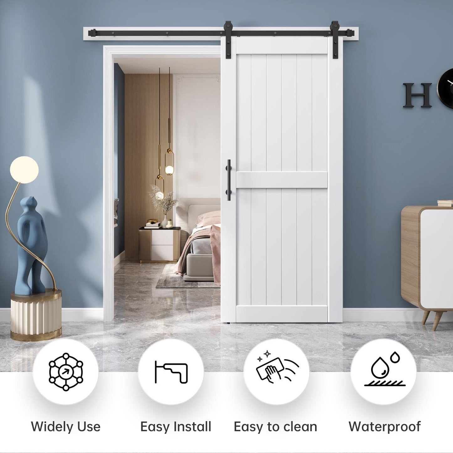 EaseLife 36 x 96 inch White Barn Door with 6.6FT Sliding Door Hardware Kit Included & Handle,Solid Wood Covered with Waterproof PVC Surface,DIY Assemblely,Easy Install,H-Frame,Fit 32-34in Wide Opening